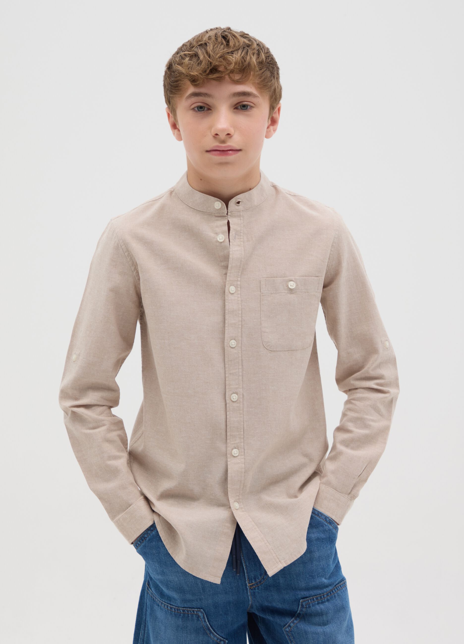 Beige Cotton and Linen Regular Shirt for Kids by OVS