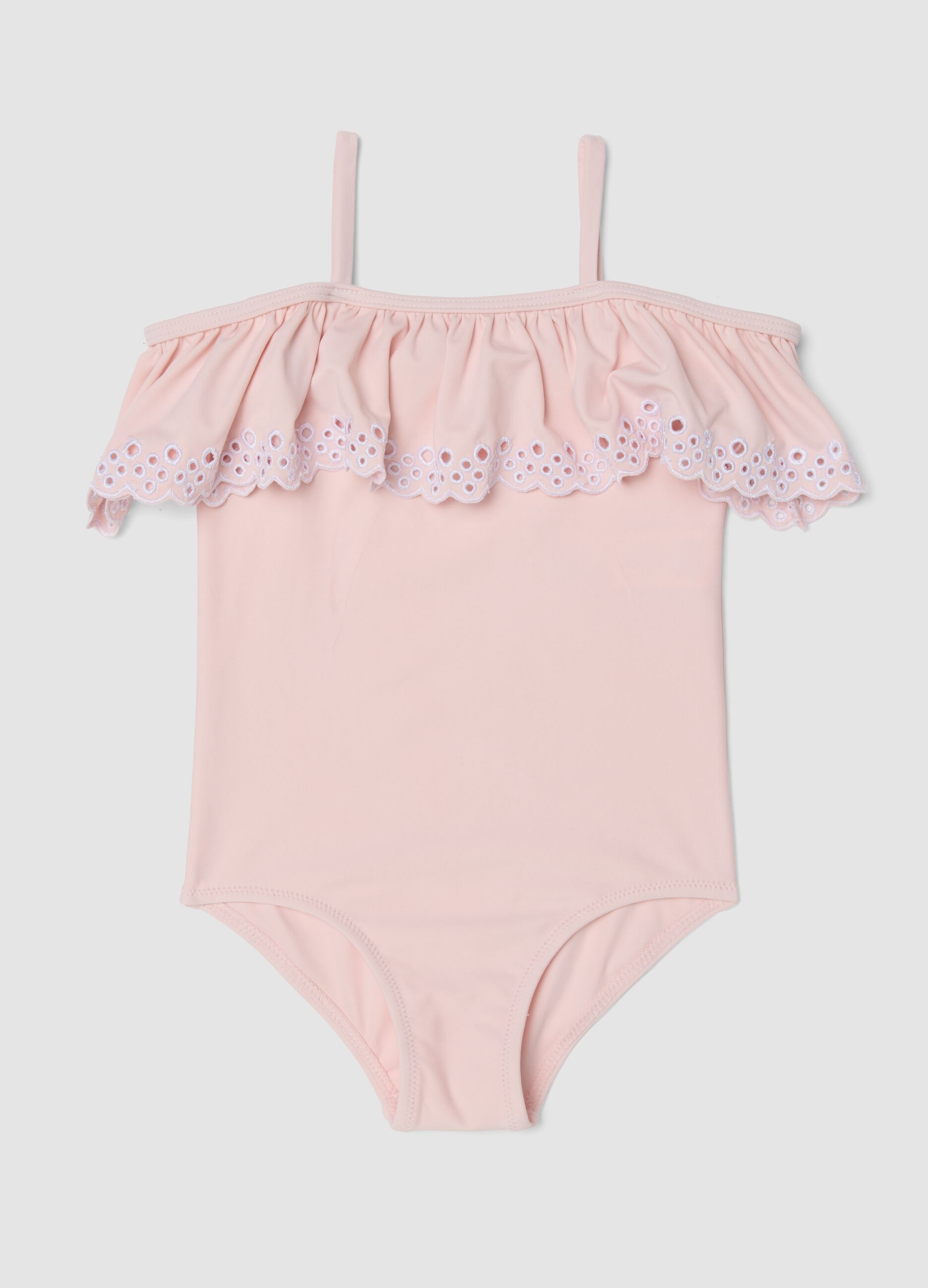 Pink girls&rsquo; swimsuit in stretch fabric with ruffle