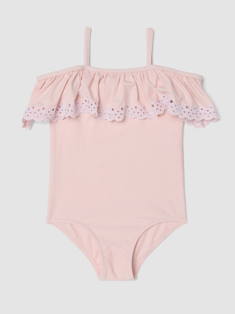 Costume intero rosa in tessuto elasticizzato con volant_0