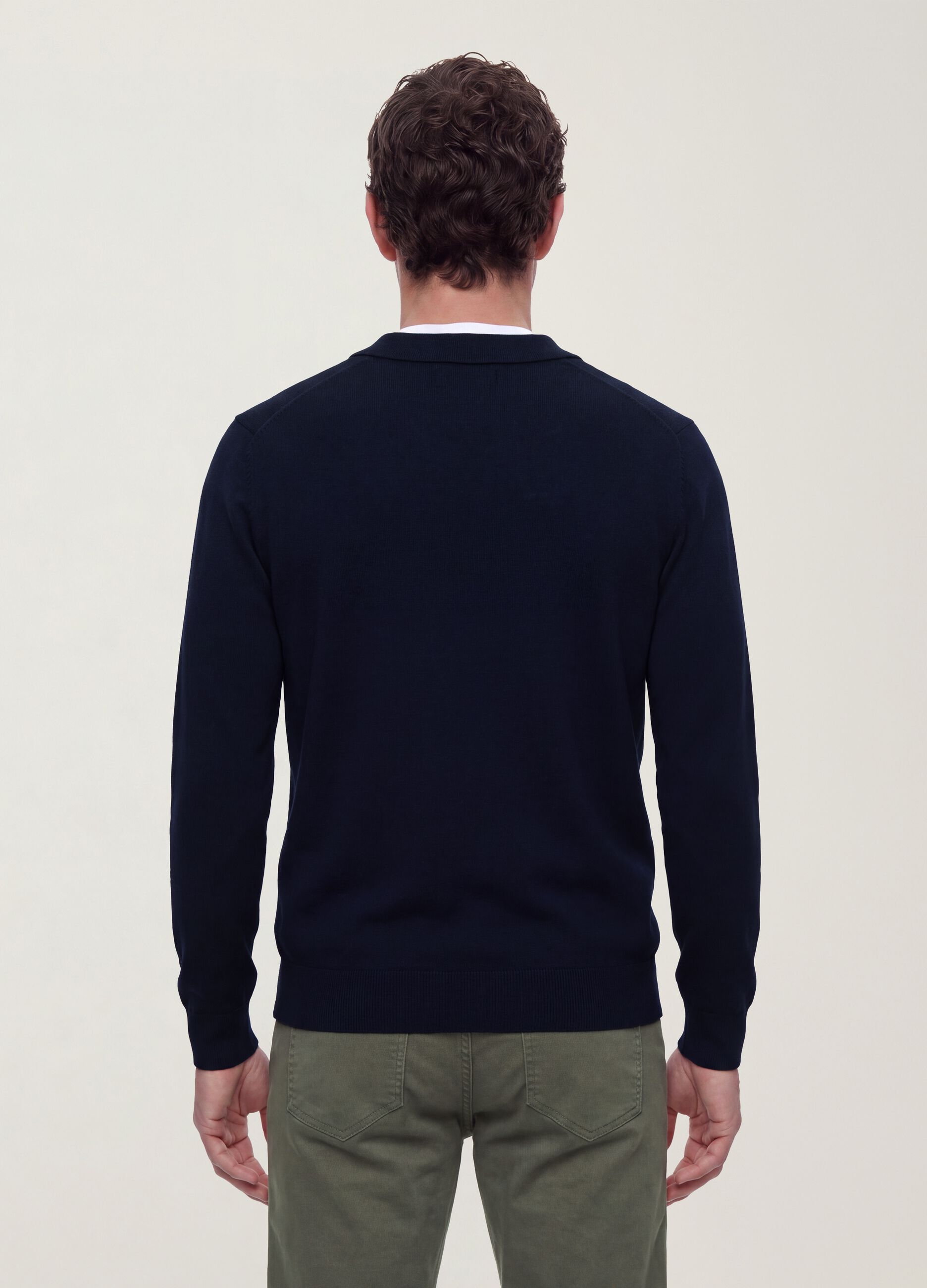 Blue viscose-blend polo with V-neck and collar, regular fit