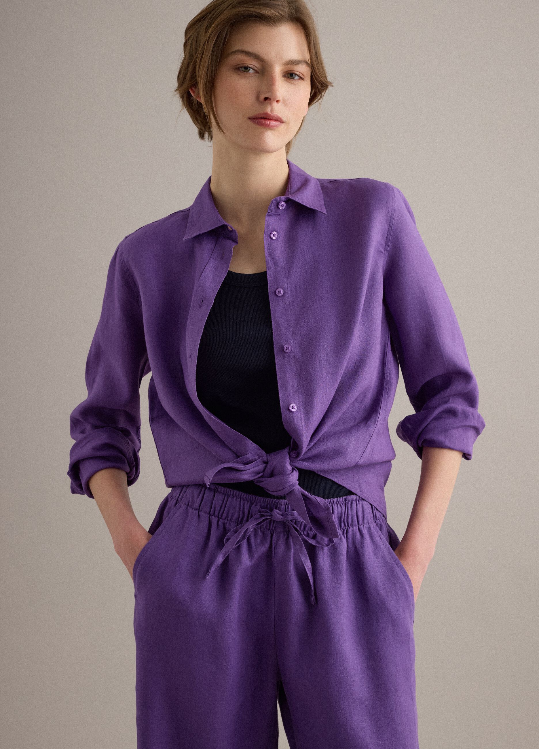 Camicia in puro lino viola regular fit