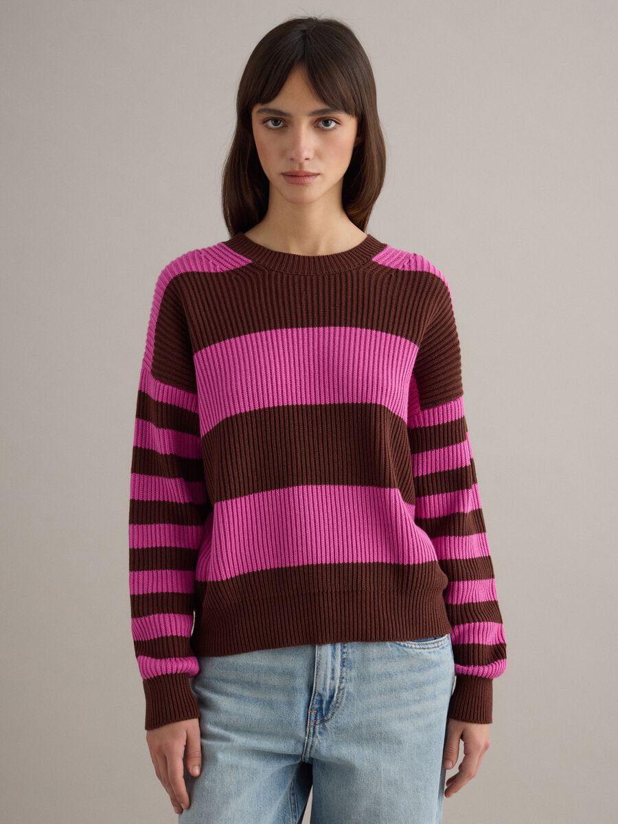 Multicoloured striped crew neck sweater in regular fit cotton blend_1