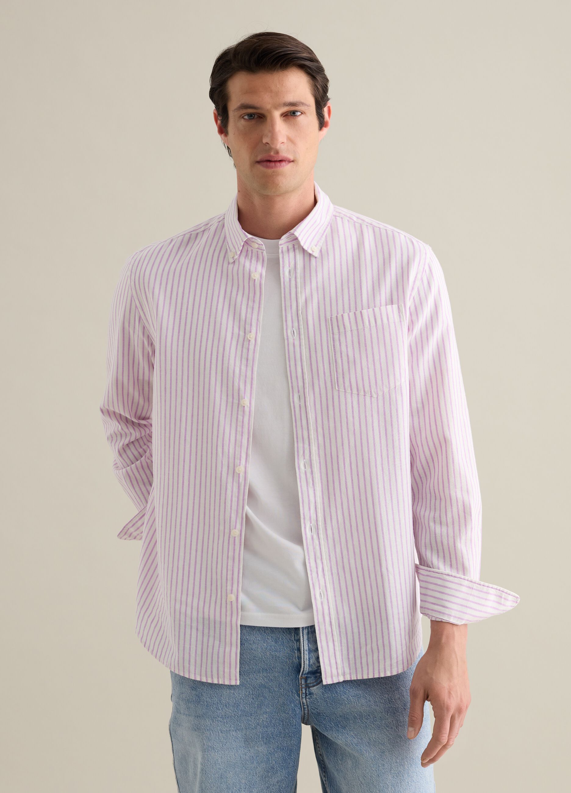 Men's pink and purple striped cotton and linen blend regular fit shirt