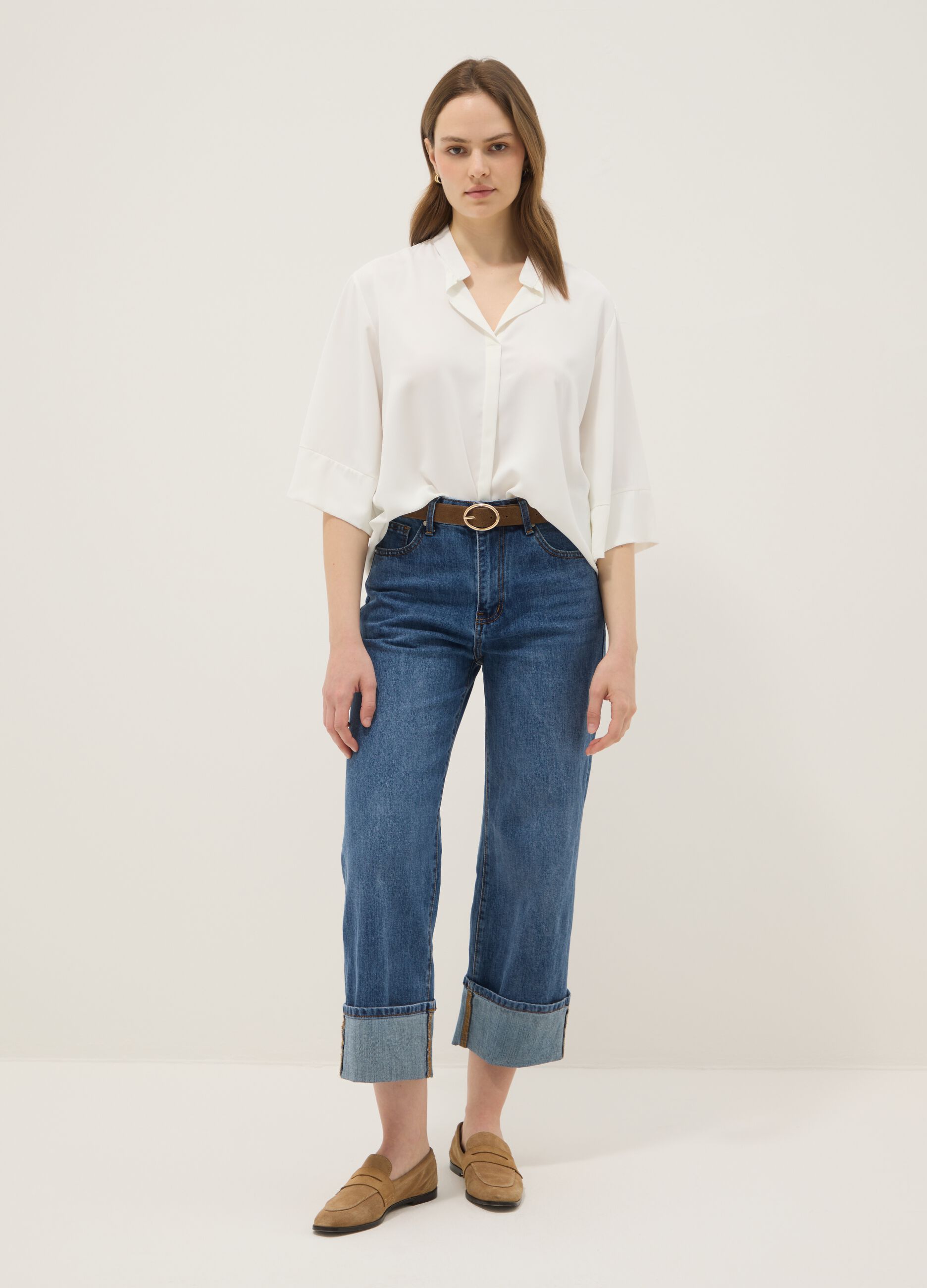 White long-sleeve regular-fit shirt with band collar
