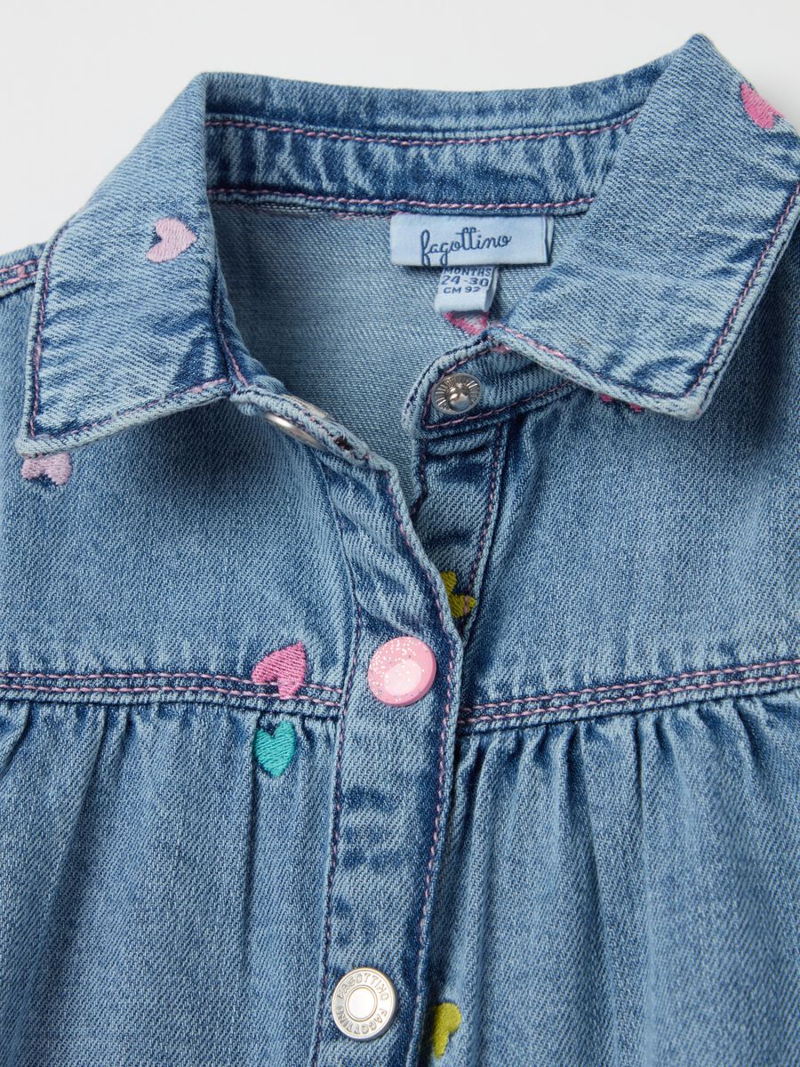 Denim dress with flounce and hearts embroidery_2