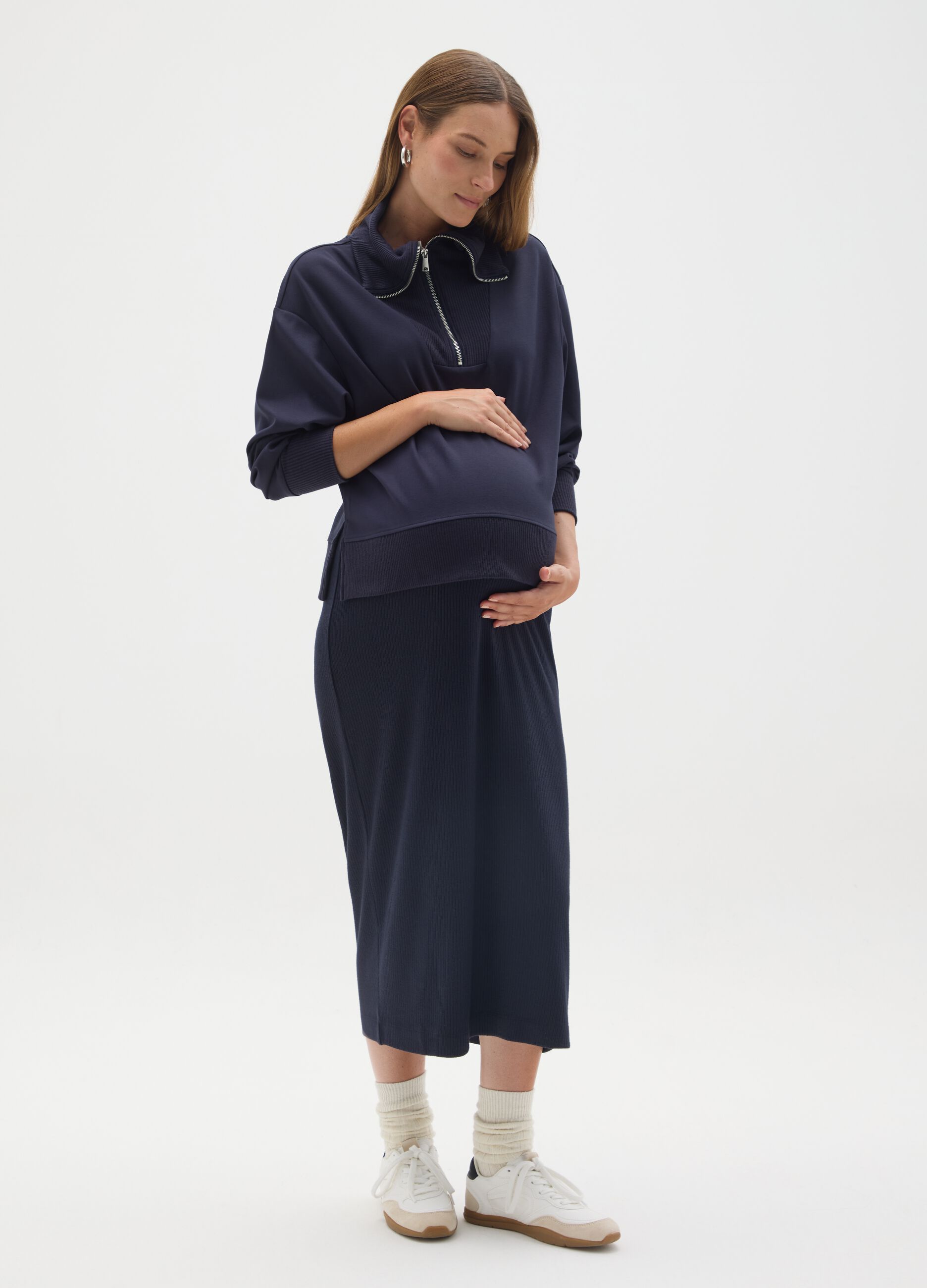 Blue maternity sweatshirt with half zip