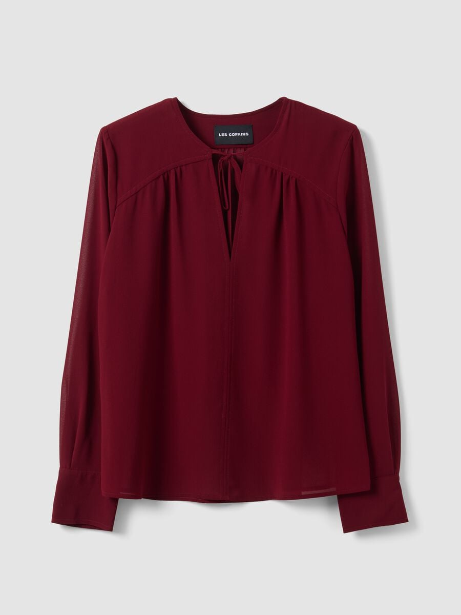 Red regular-fit blouse with V-neck and tie detail_4