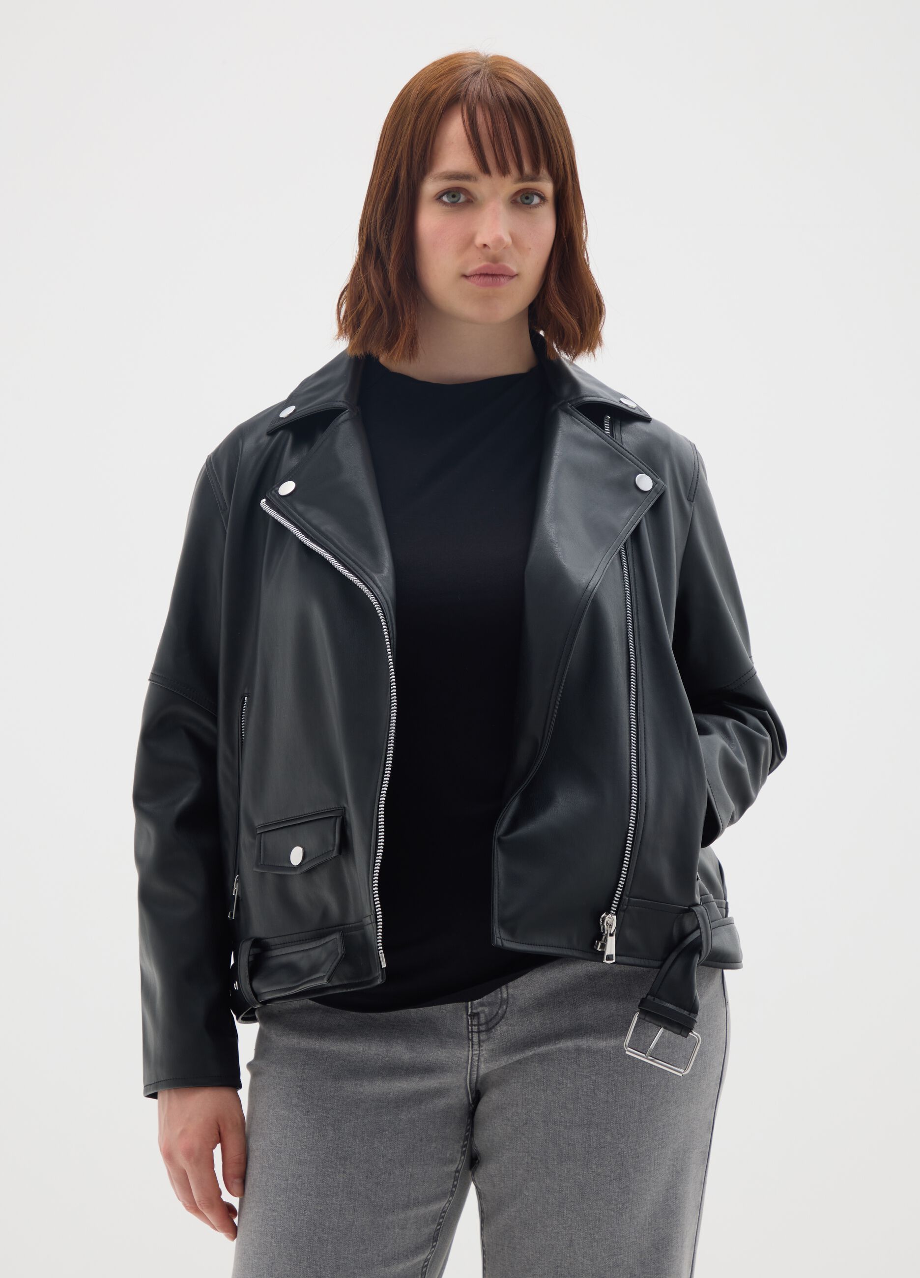Black vegan leather jacket regular fit
