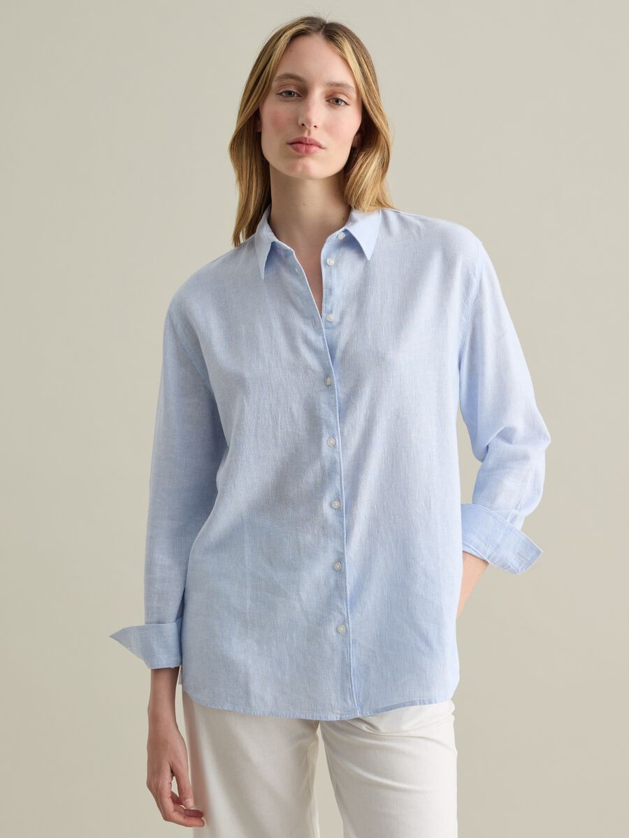 Piombo light blue regular shirt in linen and viscose_0