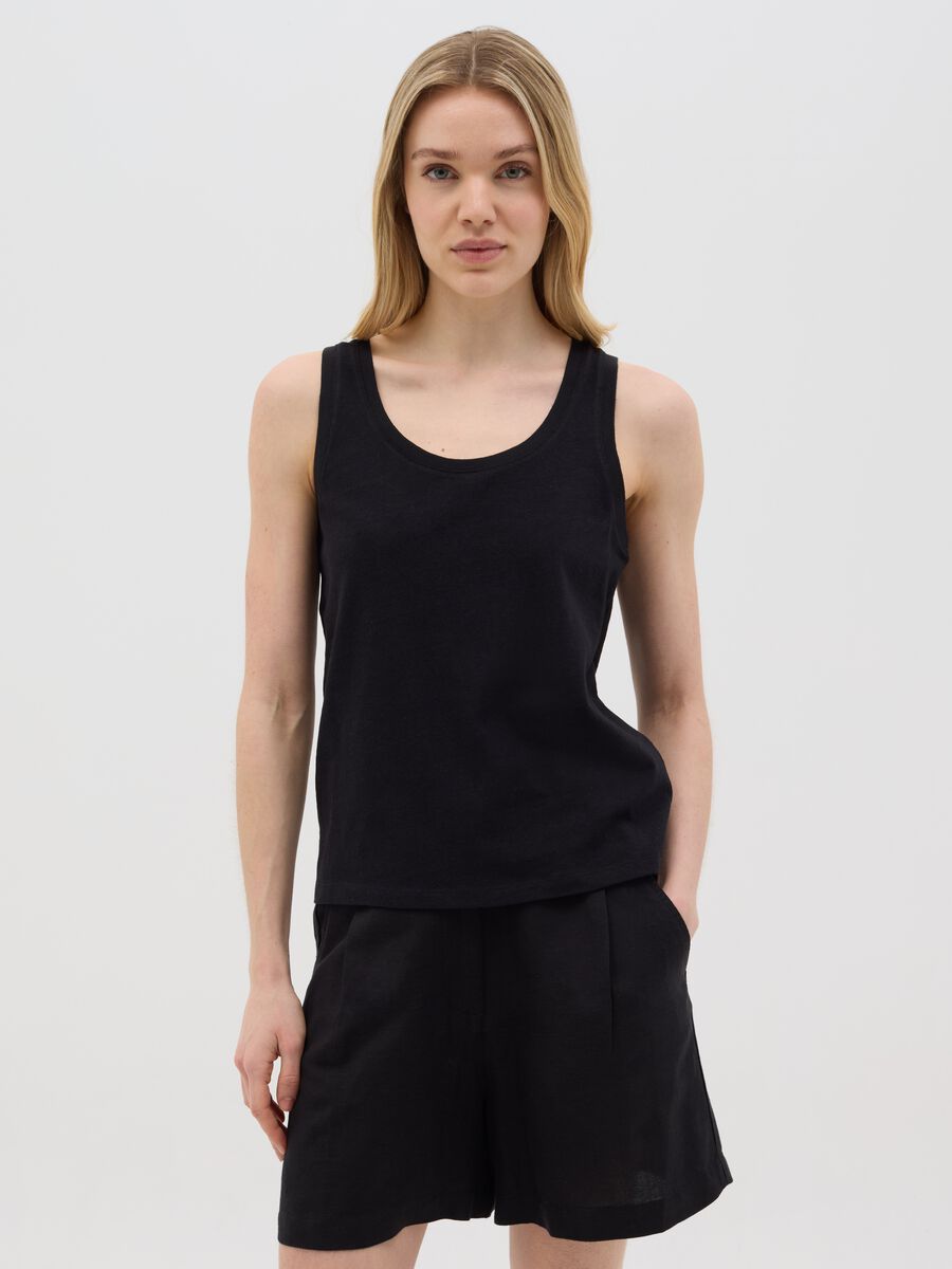 Black cotton and linen tank top_0