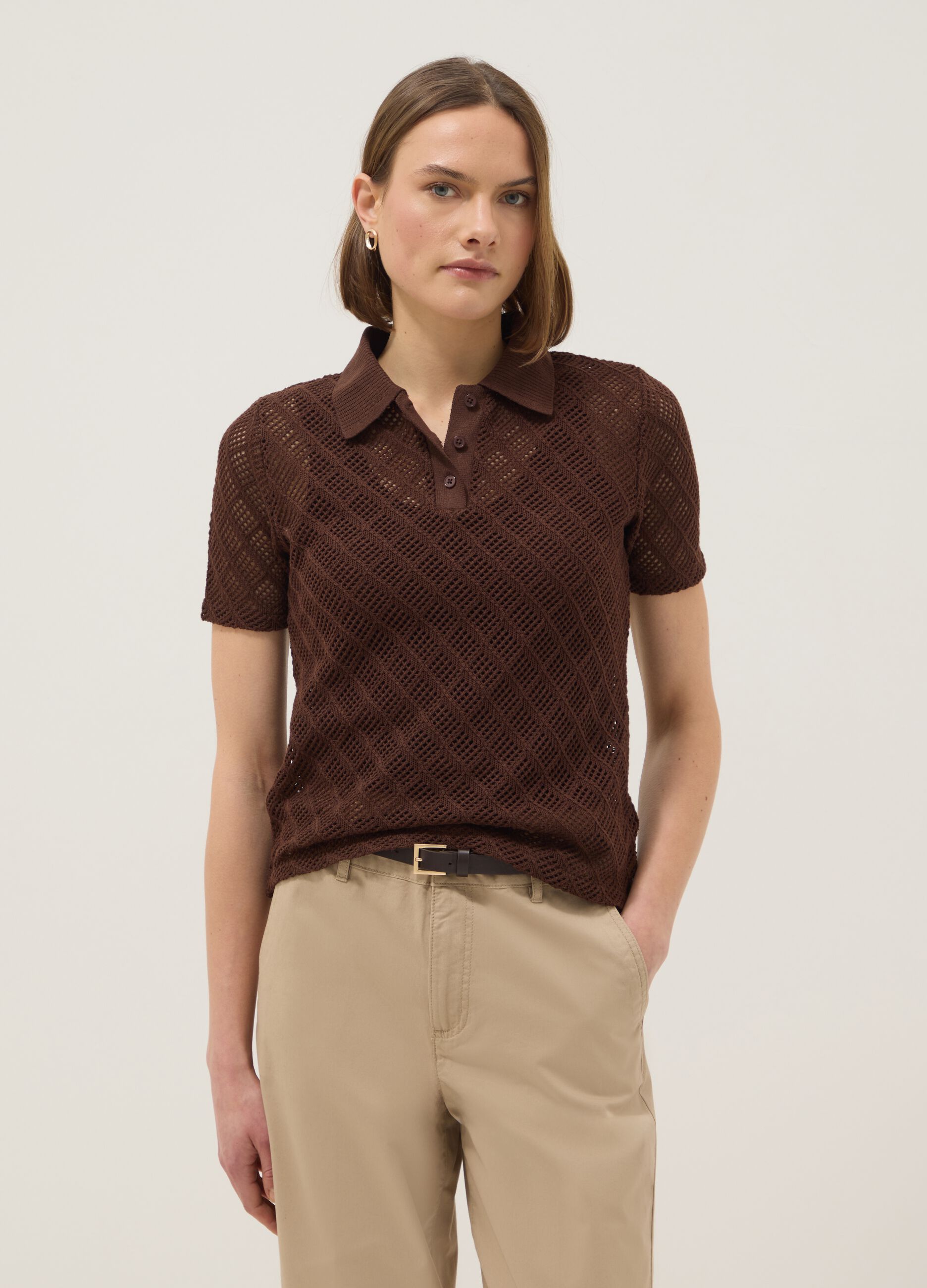 Polo A Maniche Corte Marrone Regular Fit Con Texture A Rete Da Donna OVS Polo A Maniche Corte Marrone Regular Fit Con Texture A Rete Da Donna OVS