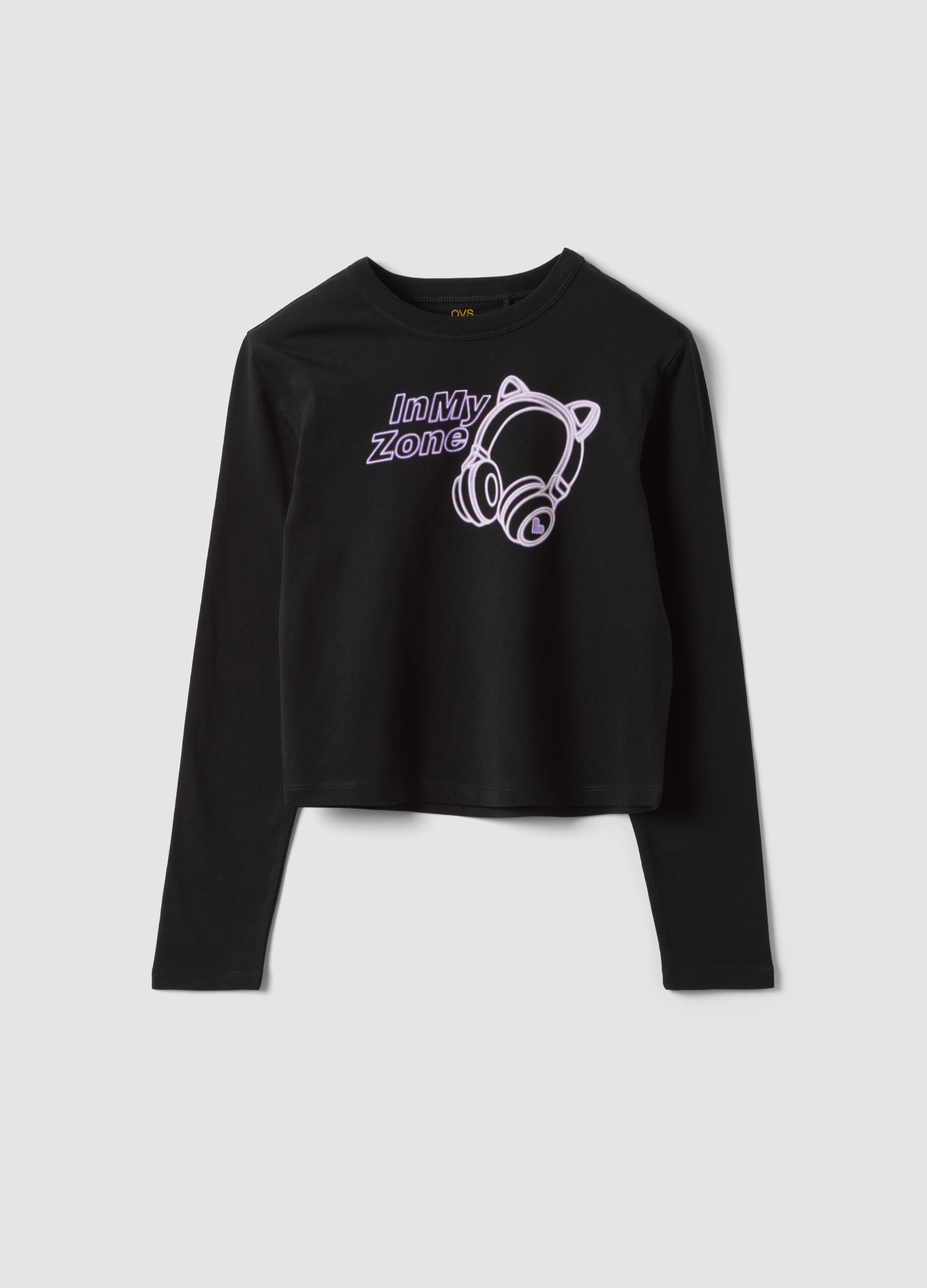 Girls&rsquo; black organic cotton crop T-shirt with ribbed neck