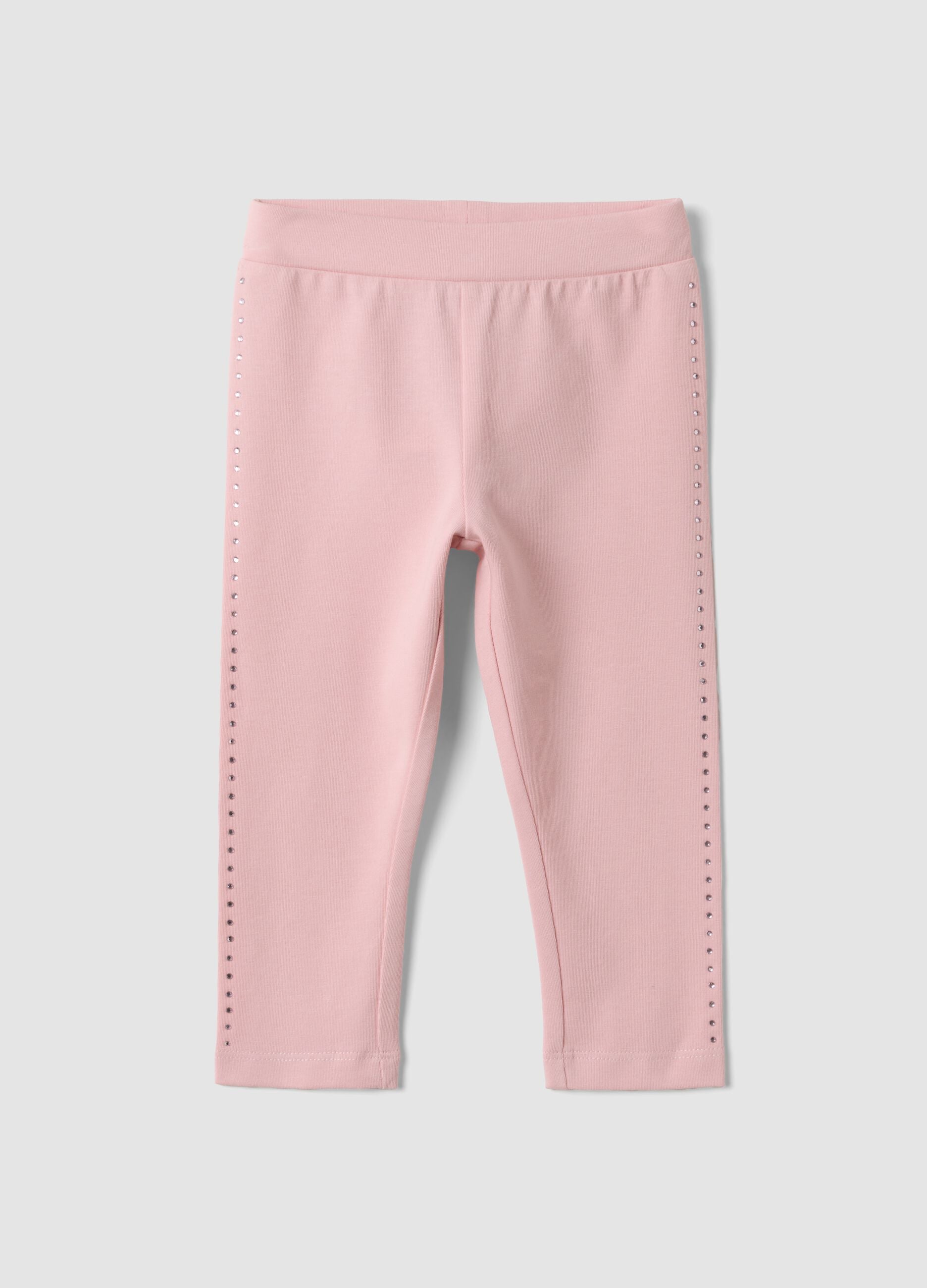 Leggings rosa in cotone organico elasticizzato con strass per bimba