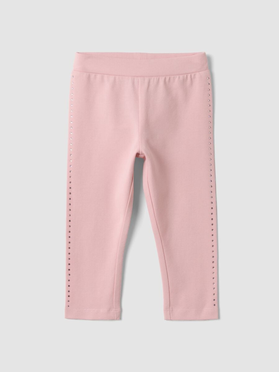 Leggings rosa in cotone organico elasticizzato con strass per bimba_0