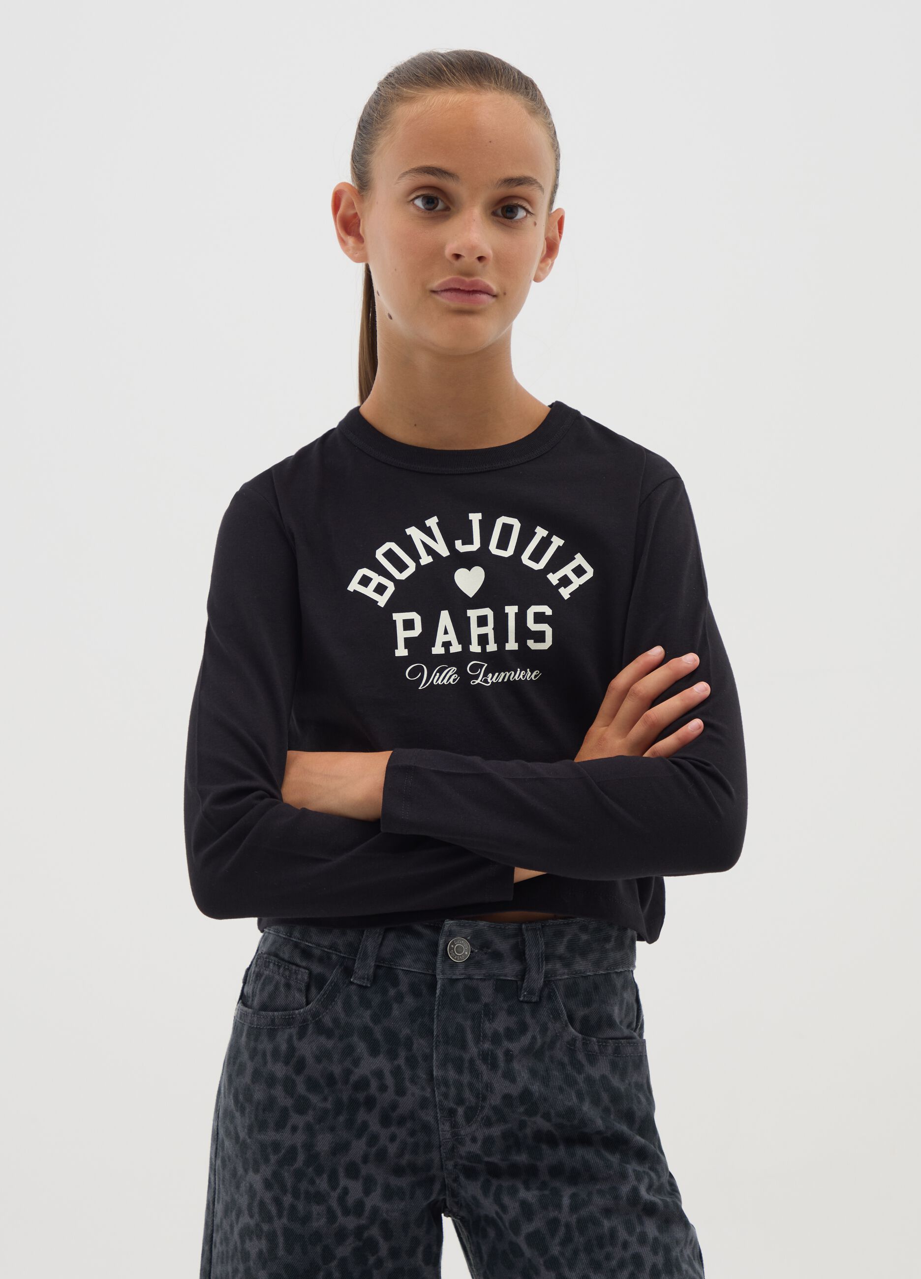 Girls' long-sleeve black pure cotton top