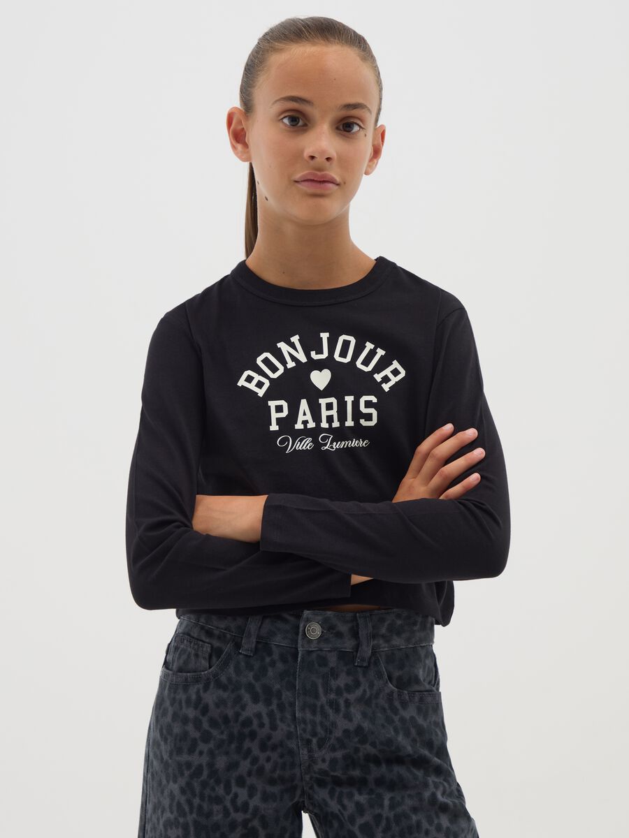 Girls' long-sleeve black pure cotton top_0