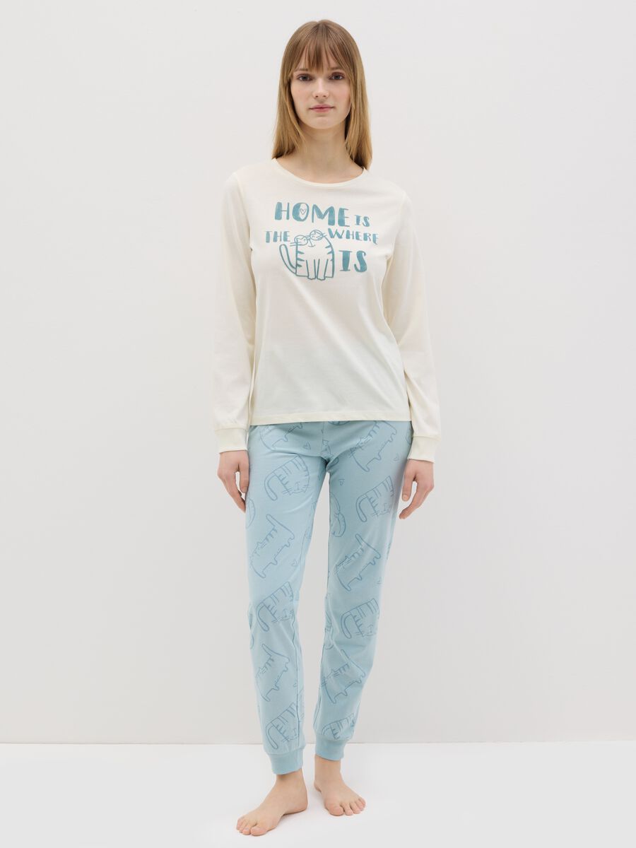 White and light blue cotton pyjamas with cat print_0
