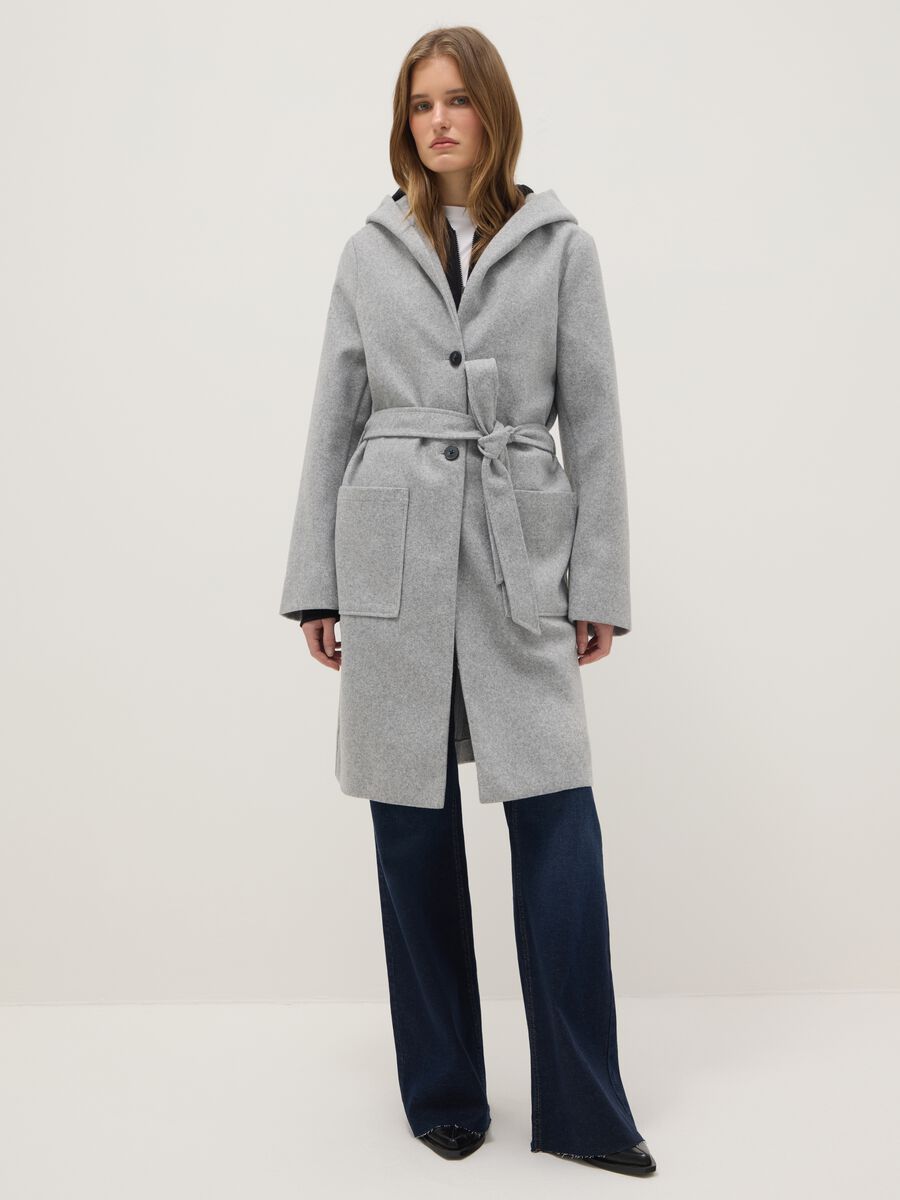 Grey single-breasted regular fit coat with belt_0