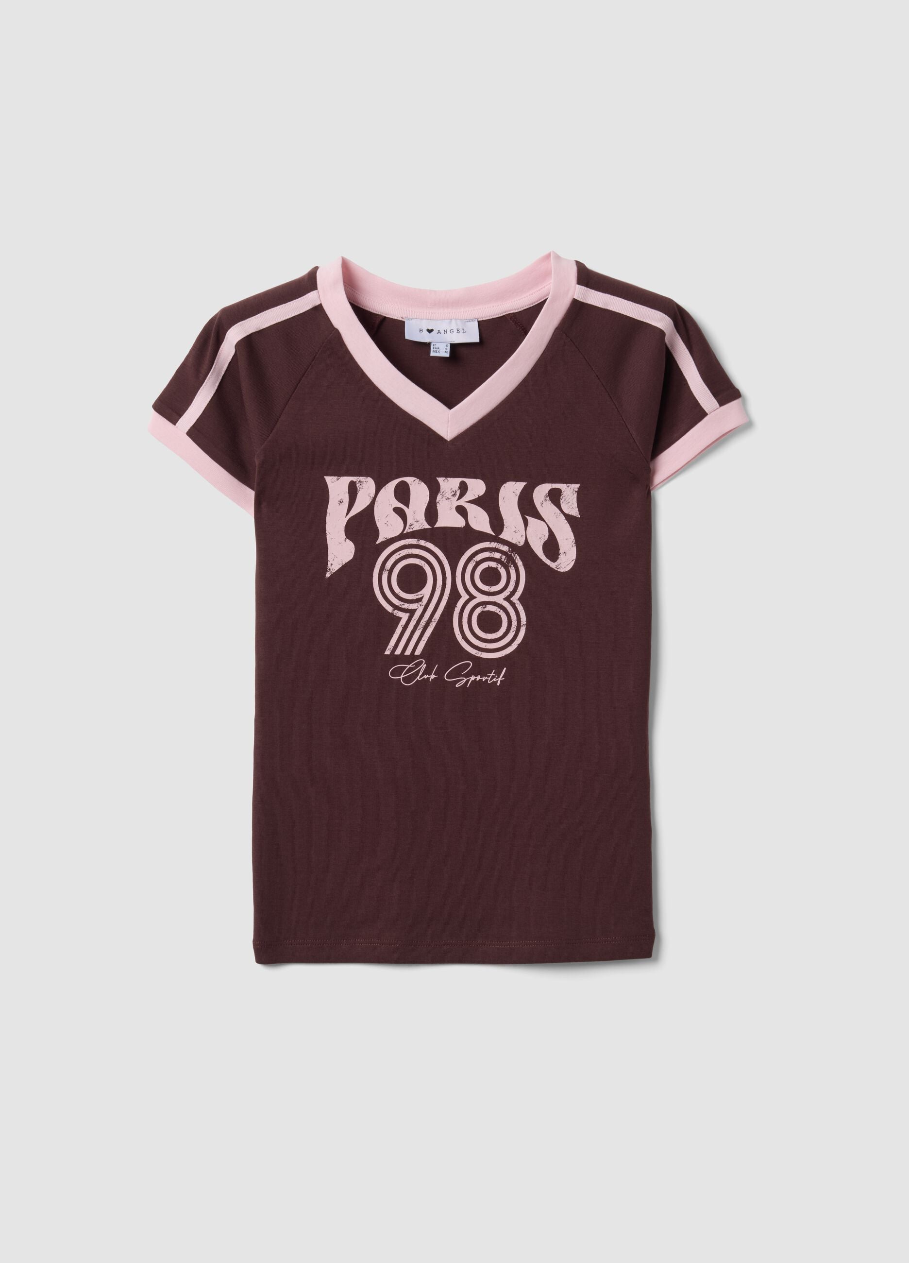 Brown pure cotton V-neck T-shirt with front print