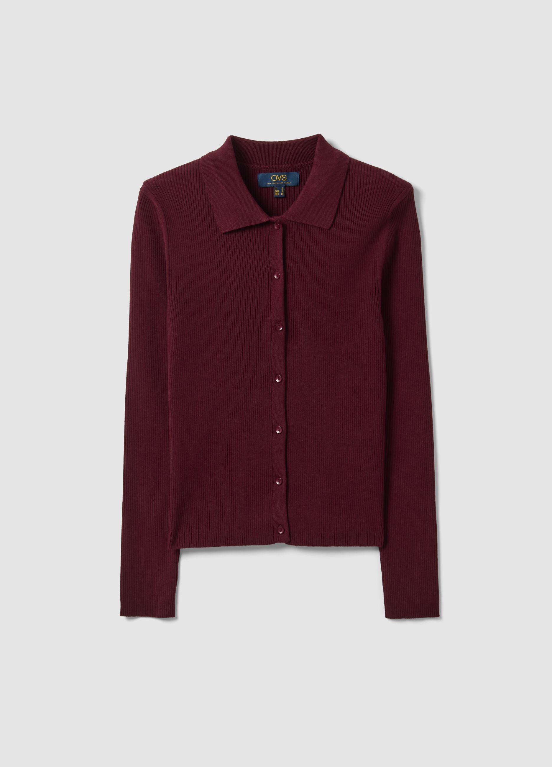 Cardigan fitted rosso a coste in misto viscosa con colletto polo