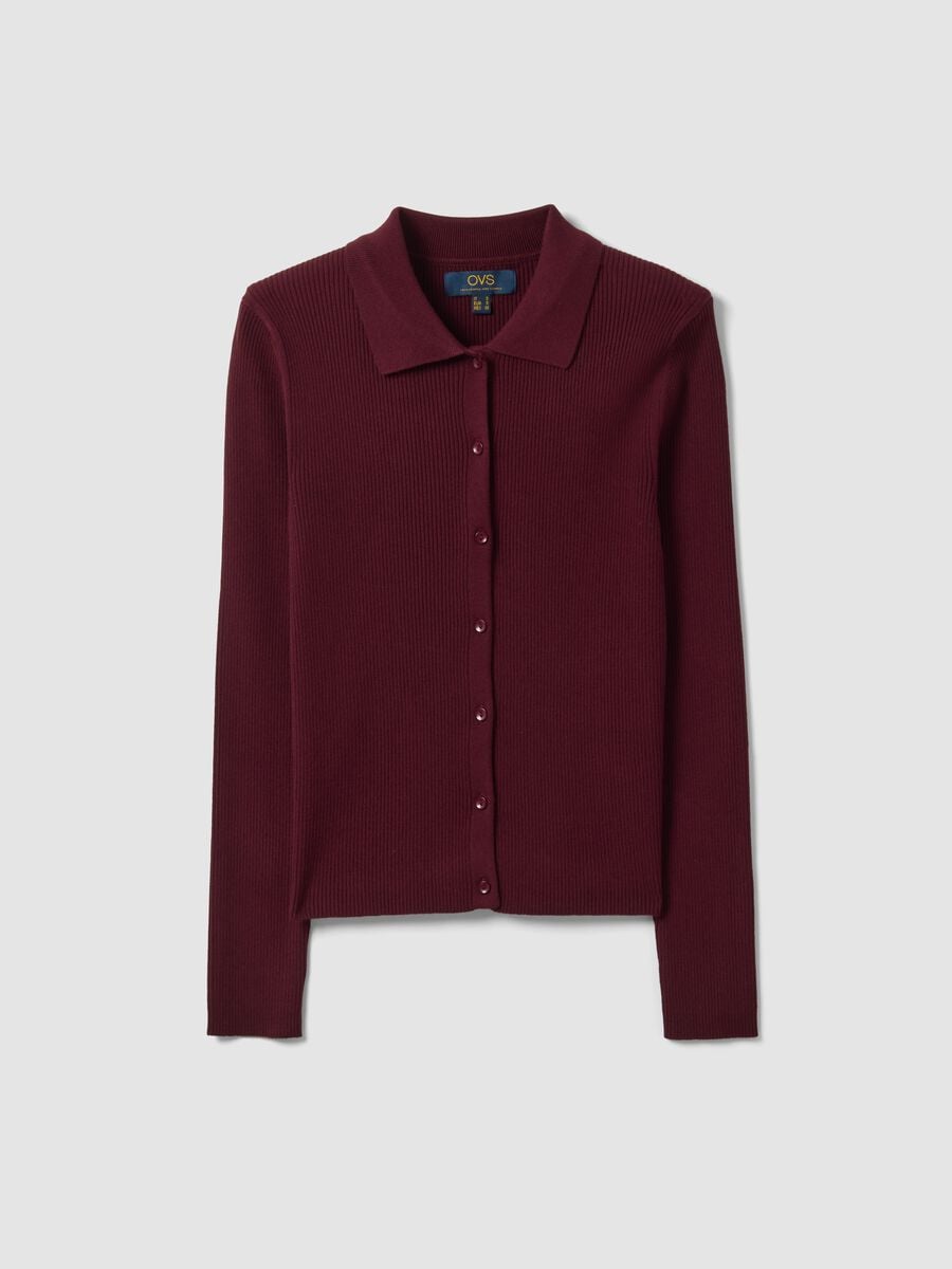 Cardigan fitted rosso a coste in misto viscosa con colletto polo_4
