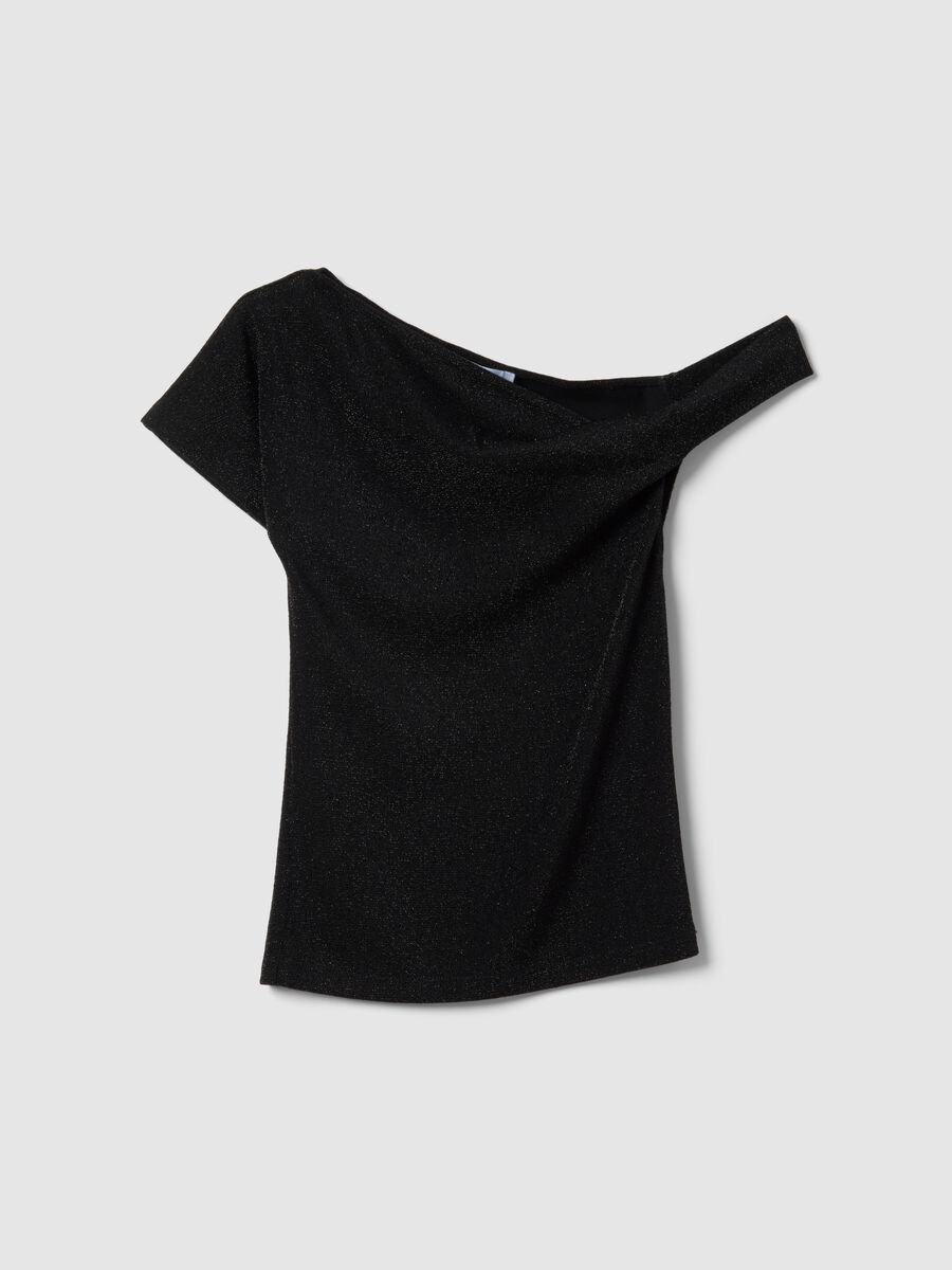Black viscose blend slim fit T-shirt with Madonna neckline_4