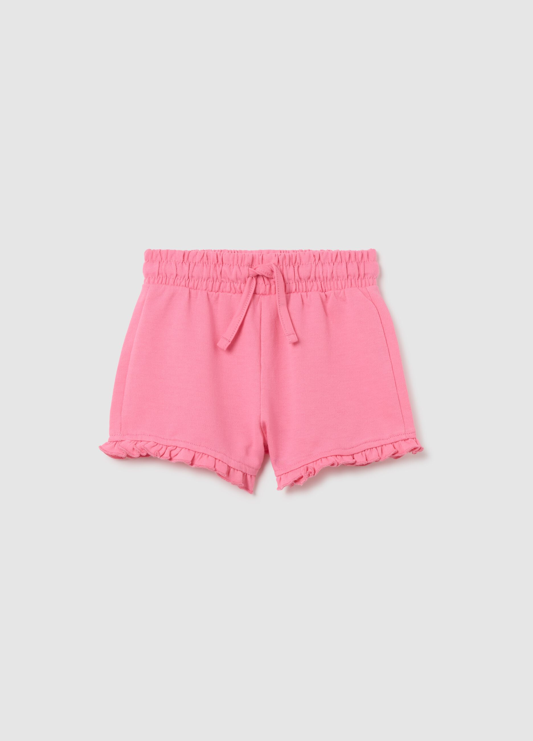 Pantaloncini da bambina in puro cotone rosa regular fit con volant