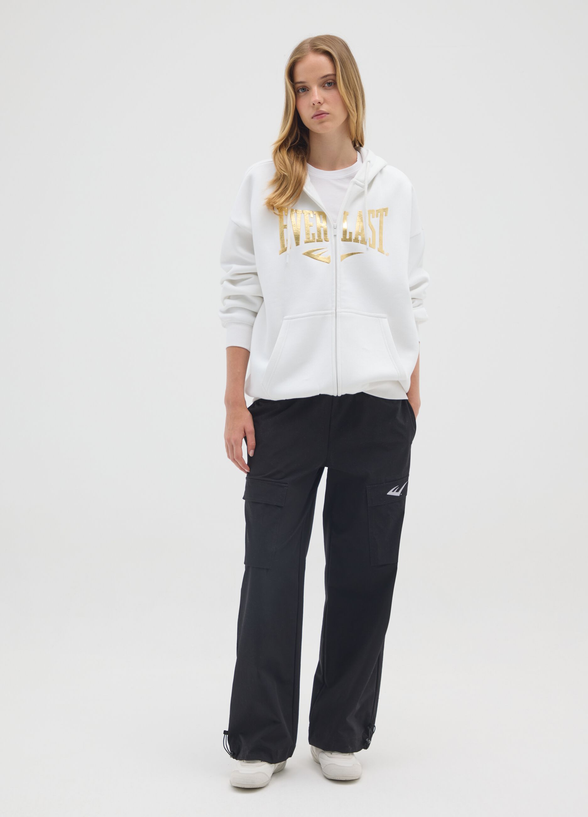 White cotton-blend zip hoodie with print