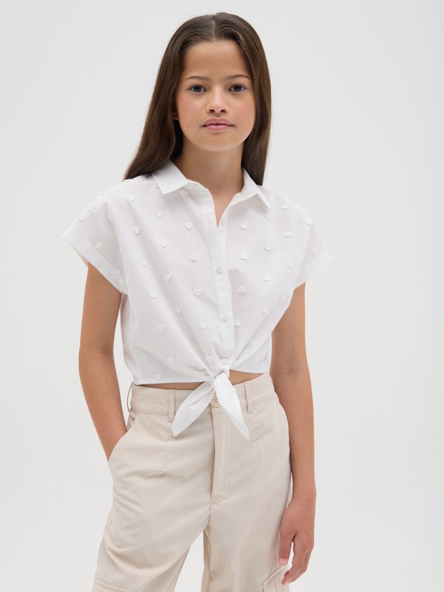 Camicia da ragazza in puro cotone bianca con nodo_0