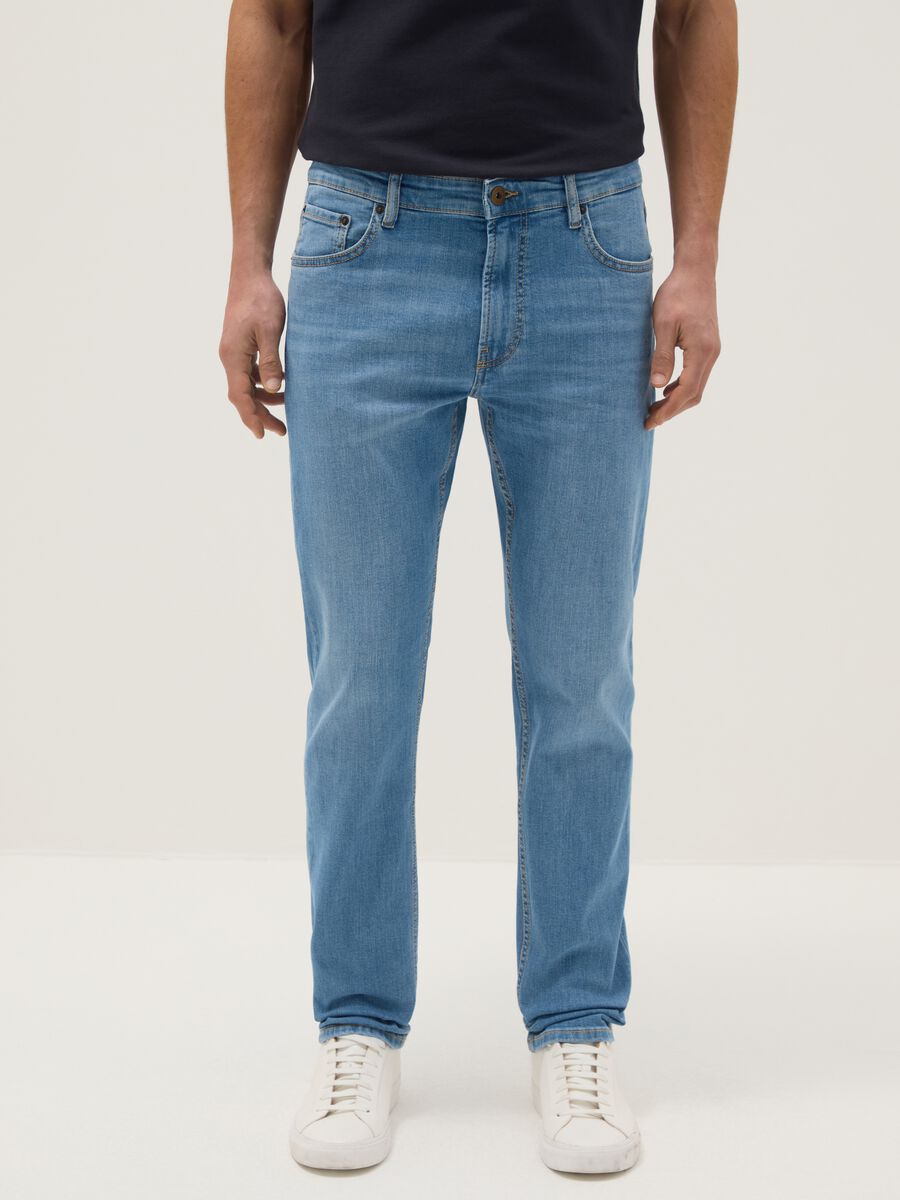 Light blue slim-fit stretch cotton jeans with five pockets_1
