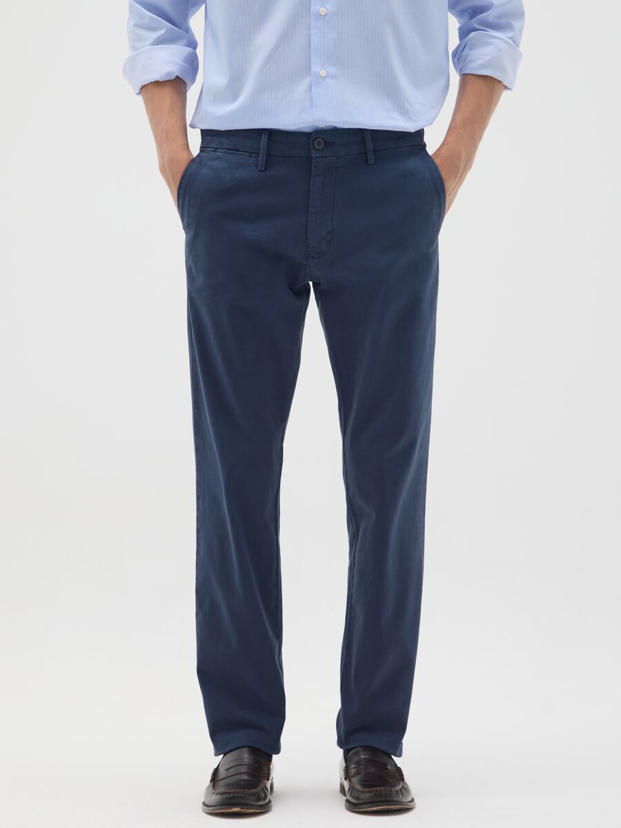 Slim Fit Blue Stretch Cotton Trousers_1
