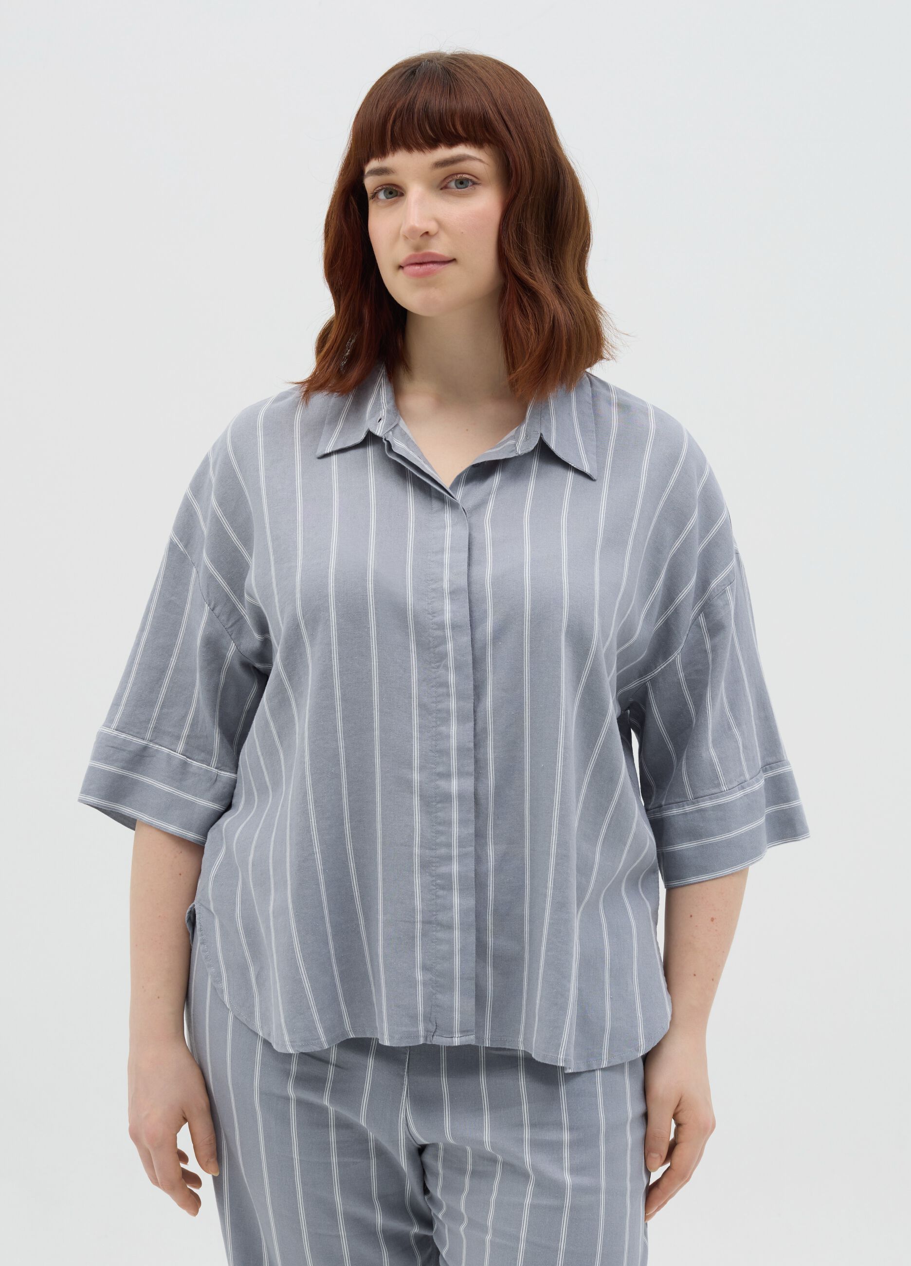 Camicia gessata grigia maniche a kimono Curvy