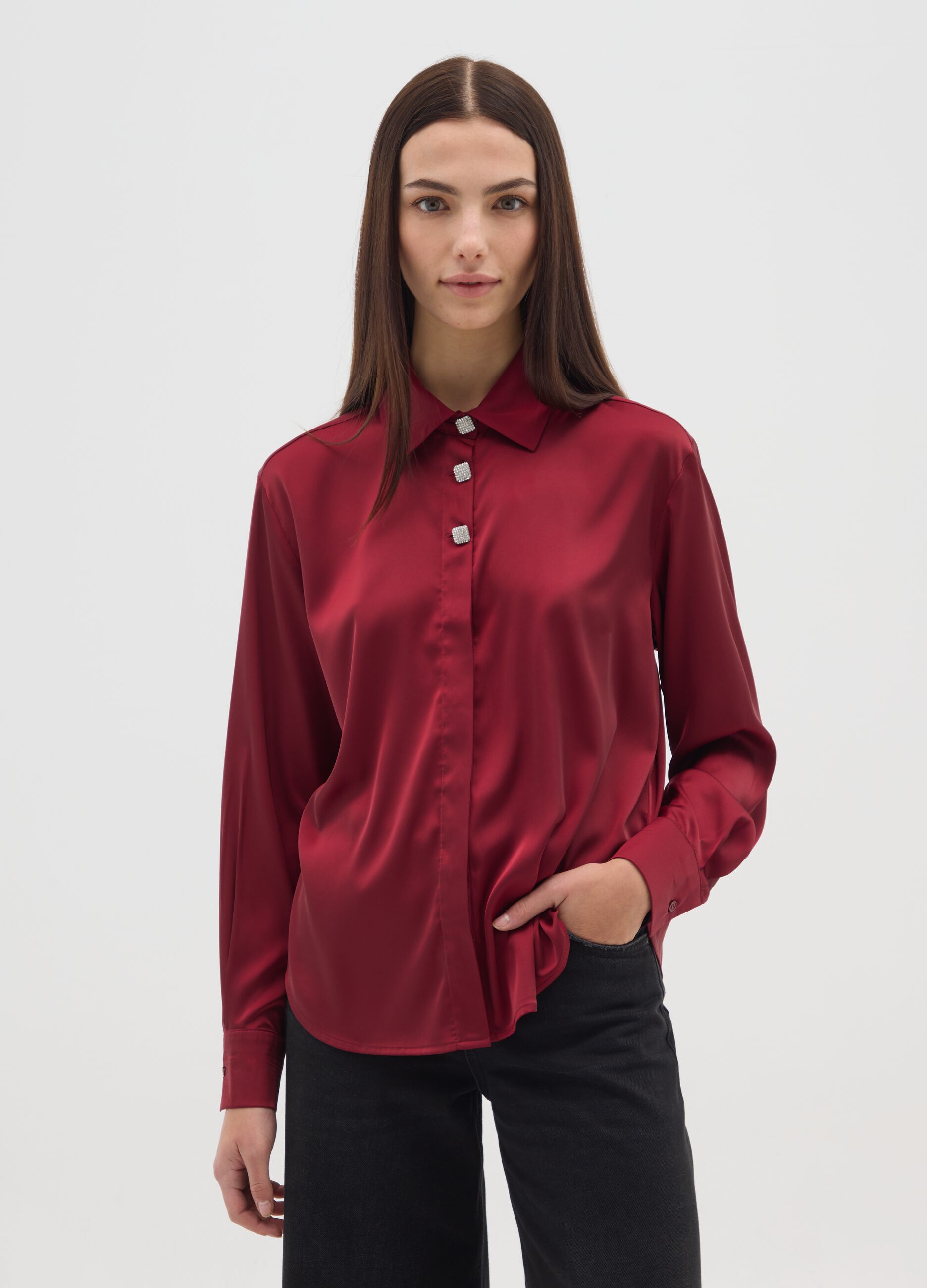 Red Satin Regular Fit Shirt with Buttons