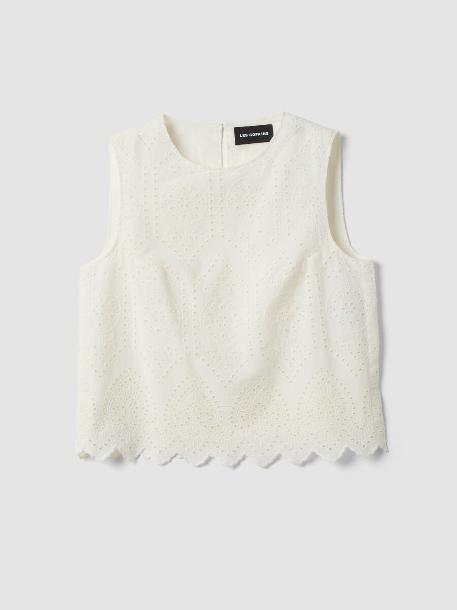 Blusa senza maniche bianca in puro cotone sangallo con fondo smerlato_0