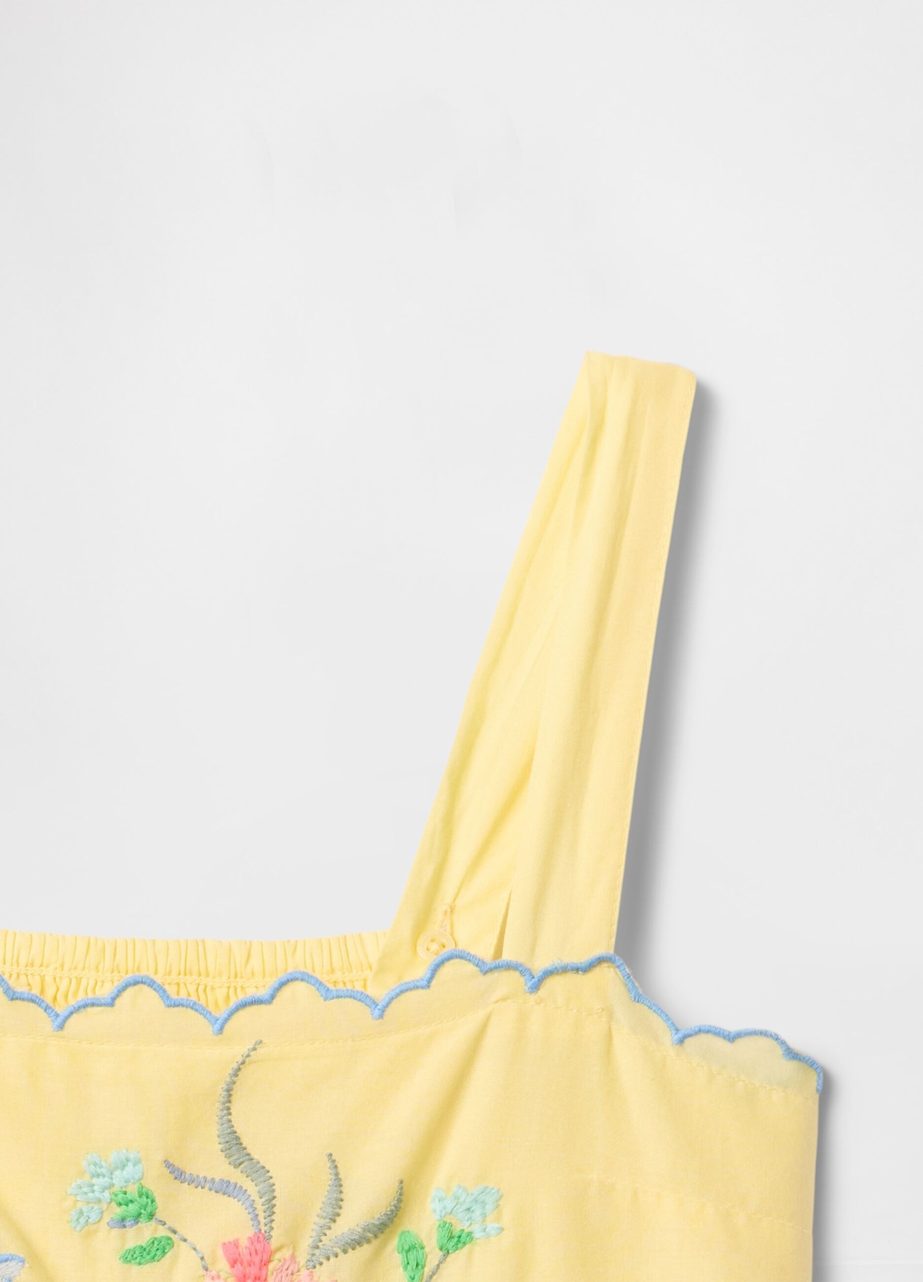 Yellow summer dress with floral embroidery in cotton