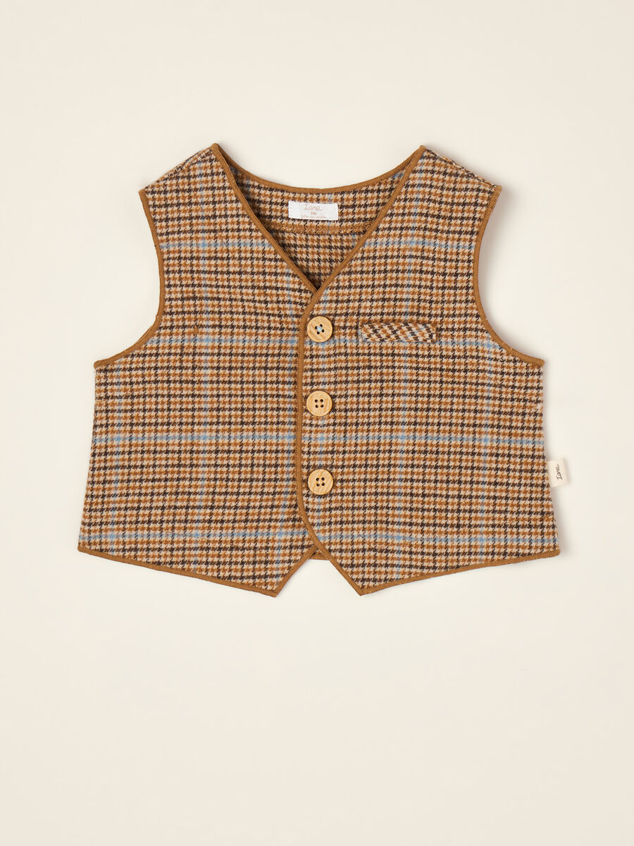 Brown checked cotton-blend crew-neck gilet_0