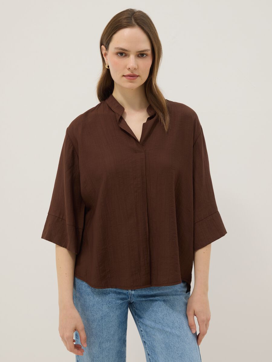 Brown viscose-blend regular-fit blouse with mandarin collar_0