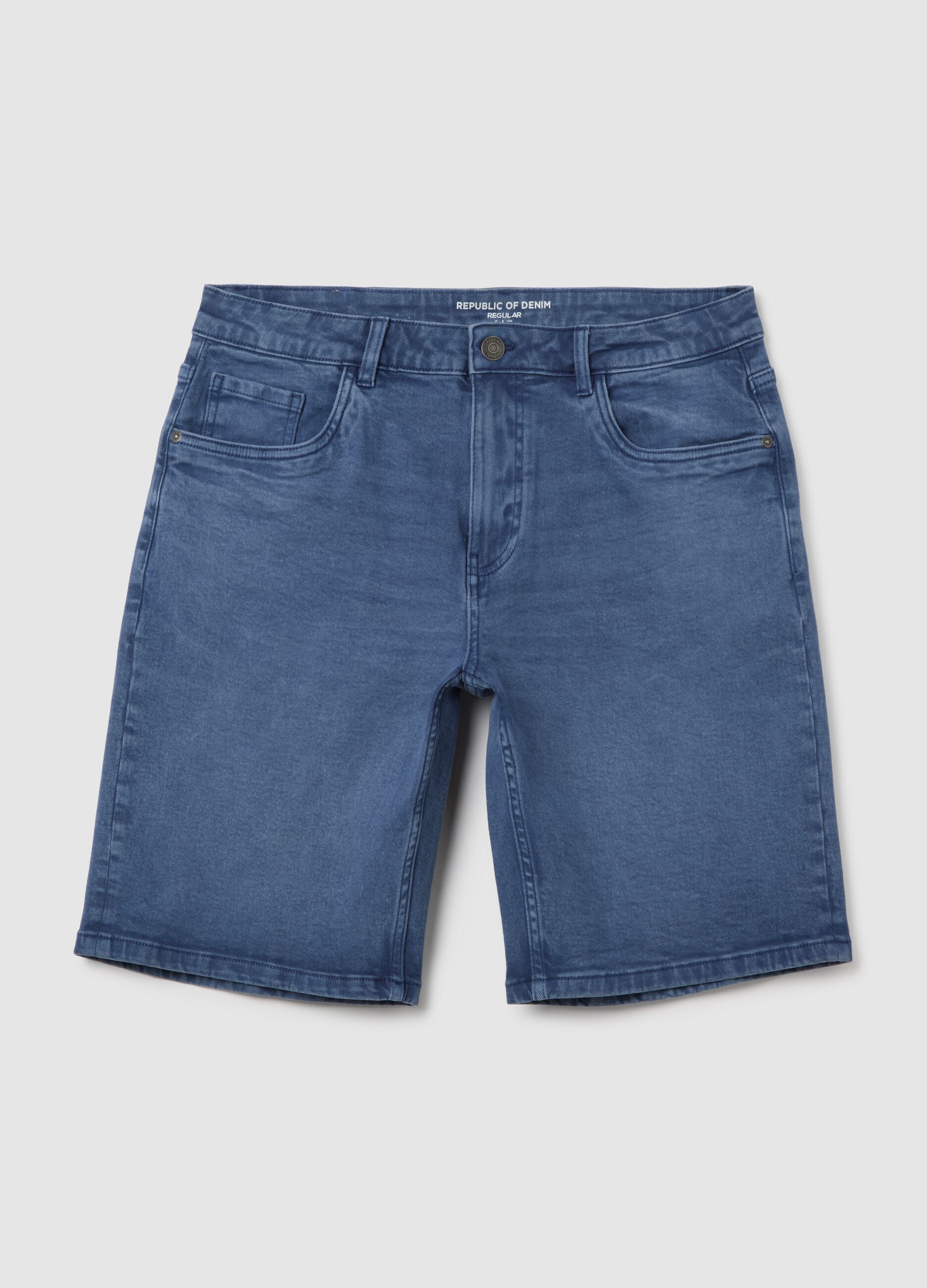 Bermuda da uomo in denim elasticizzato beige