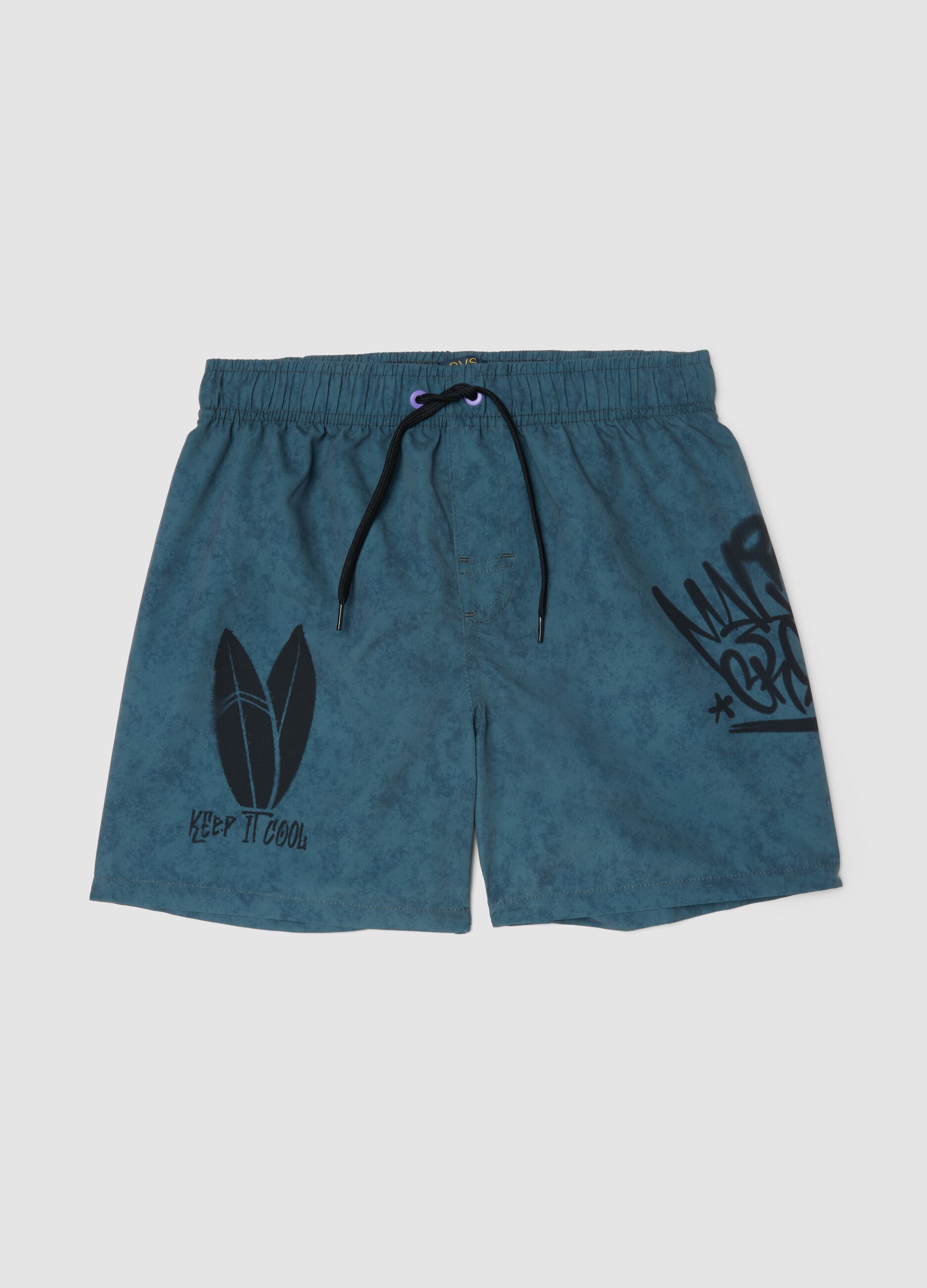 Blue swim shorts with print