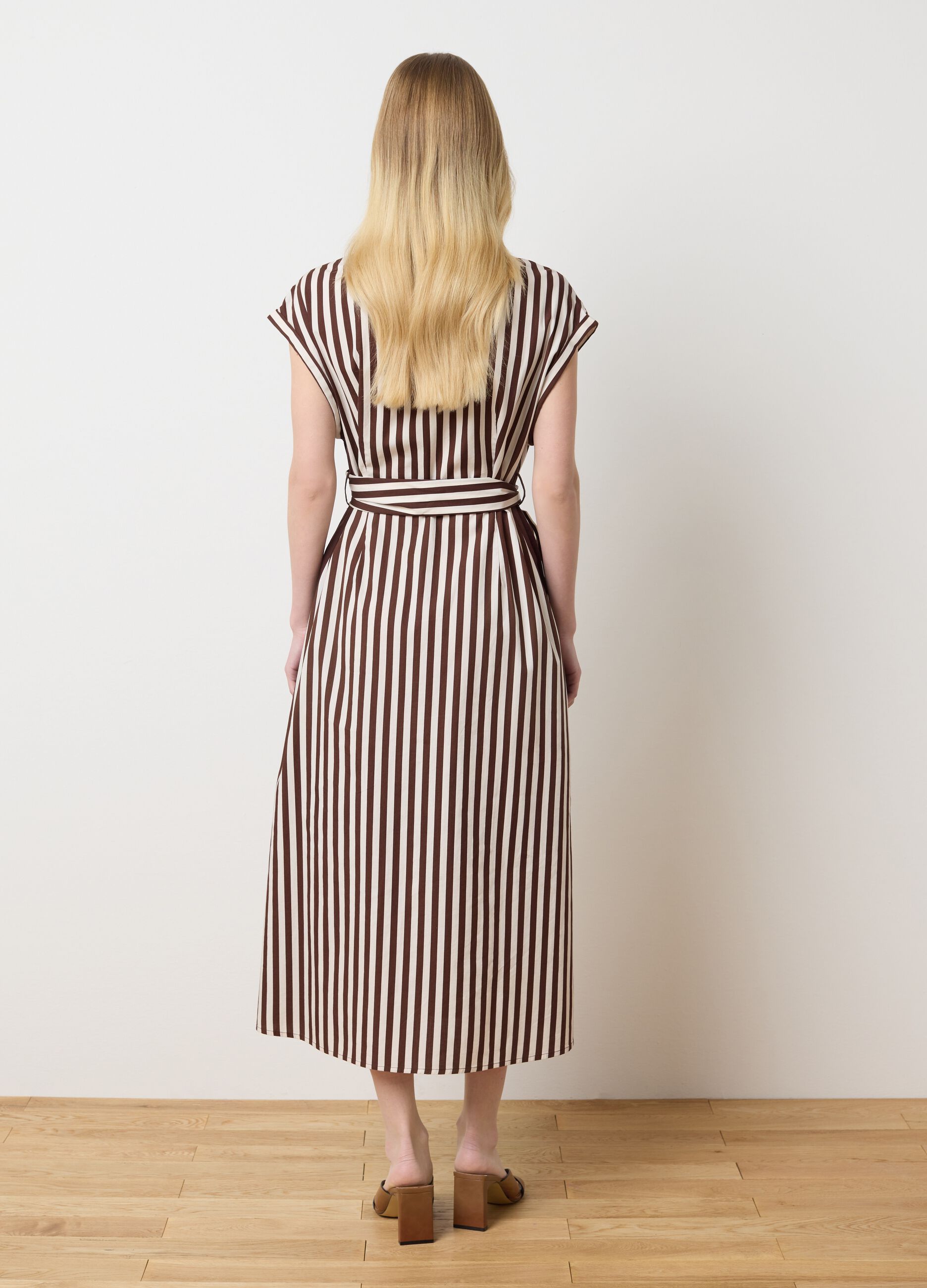 Long shirt dress with brown and white stripes