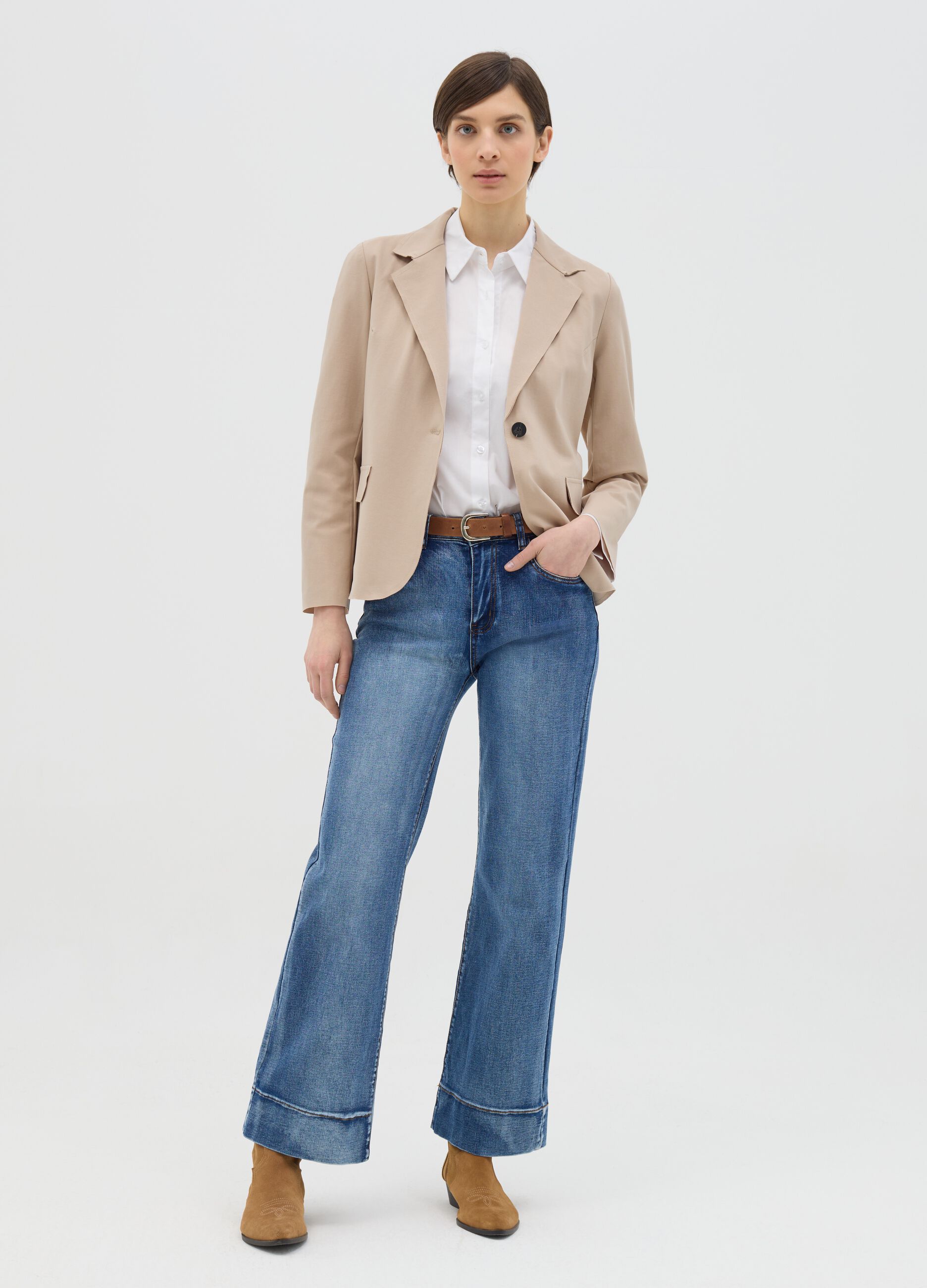 Beige stretch single-breasted blazer