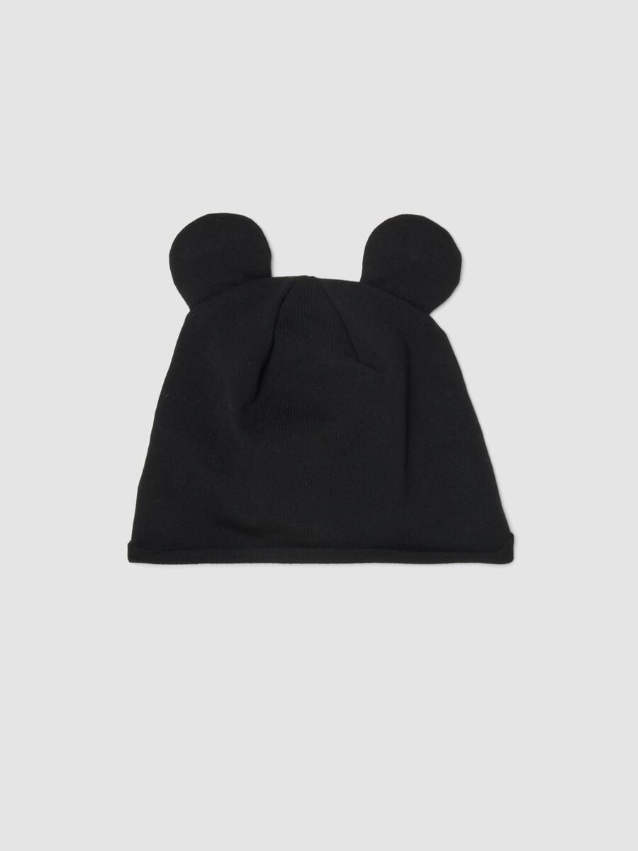 Cappello nero in cotone organico elasticizzato con stampa Minnie e fiocco_1