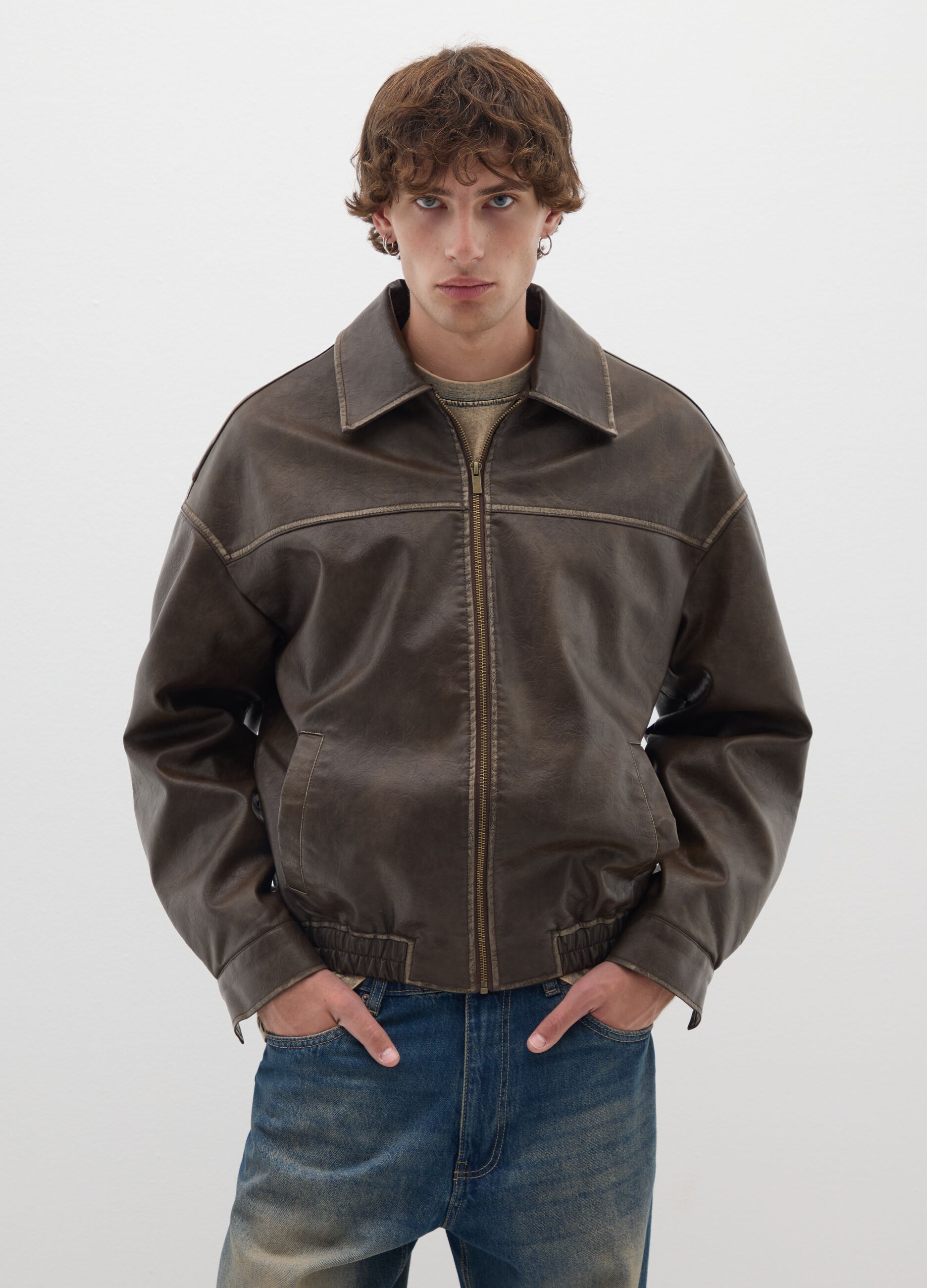 Brown Faux Leather Bomber Jacket