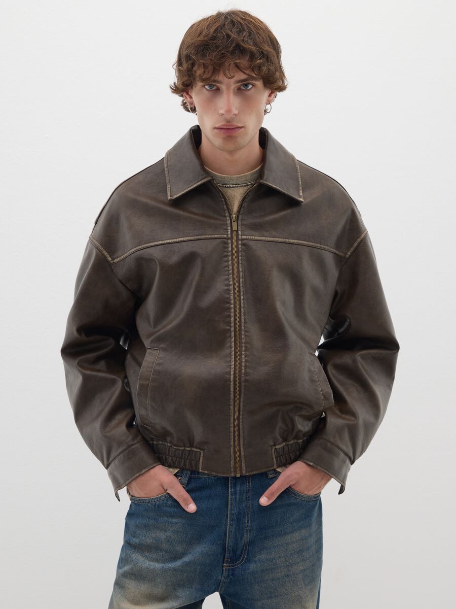 Brown Faux Leather Bomber Jacket_0