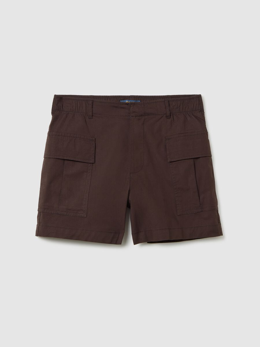 Women's brown regular fit stretch cotton shorts with applied pockets_4