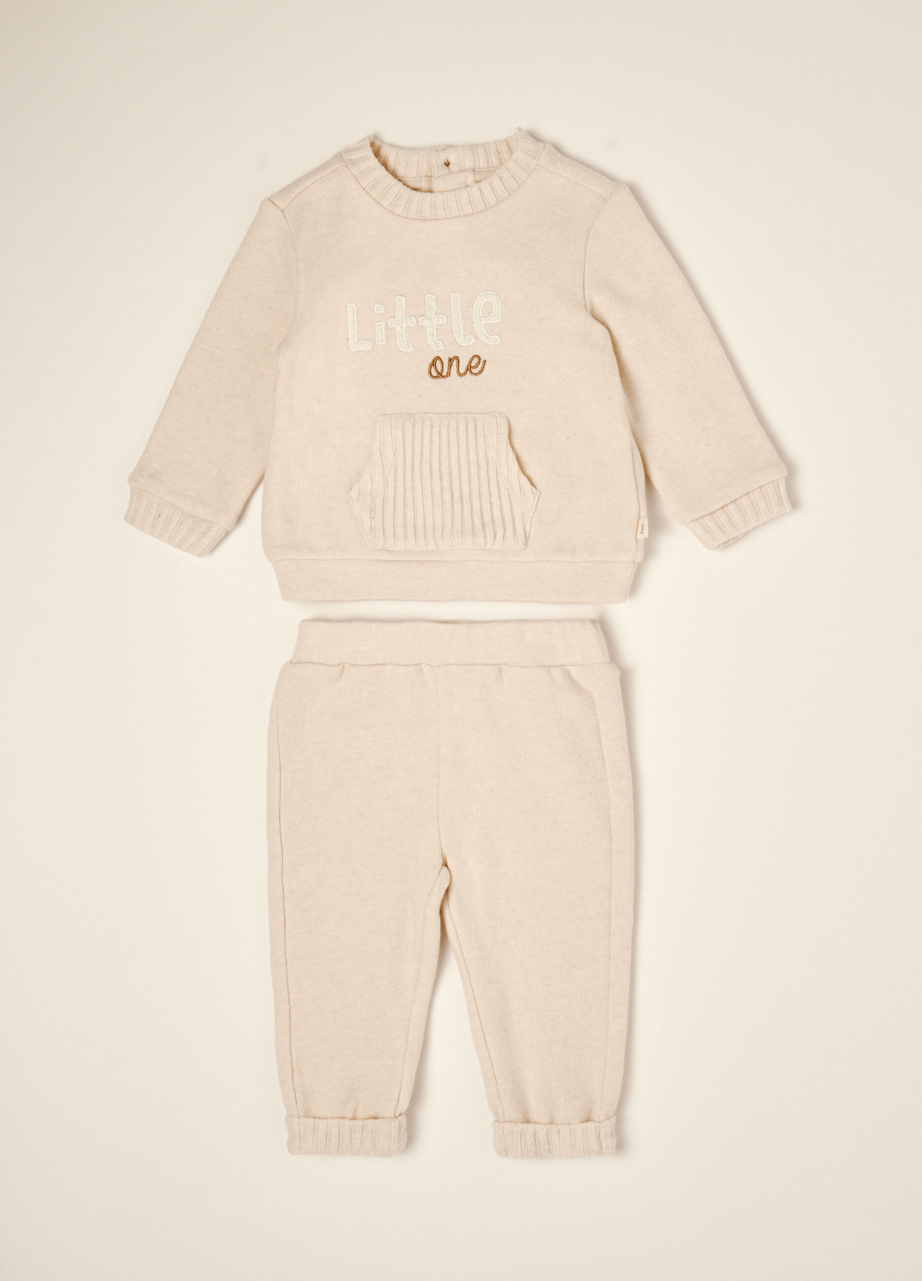 Beige stretch cotton and viscose set with embroidered lettering