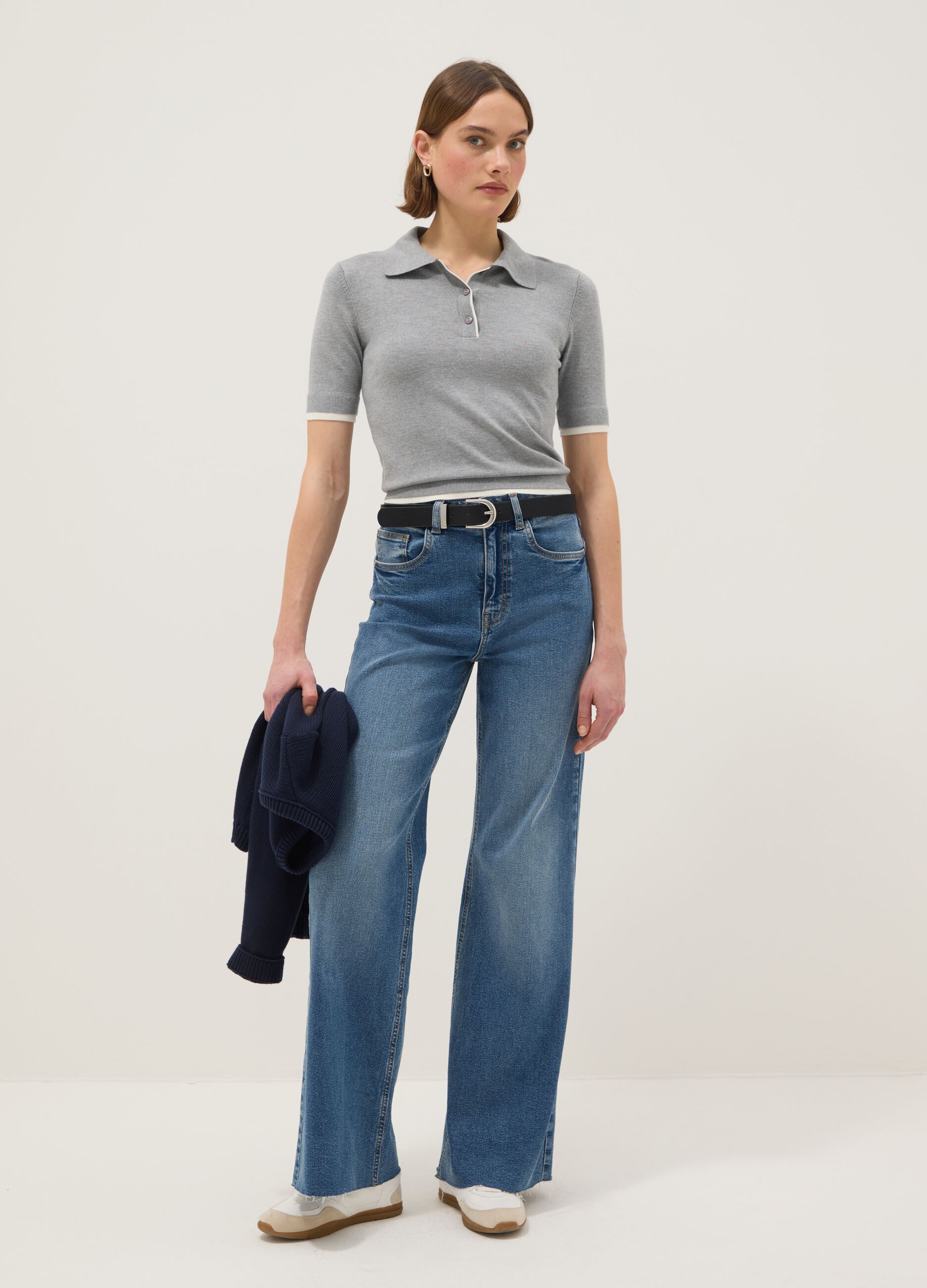 Grey viscose blend regular fit polo shirt