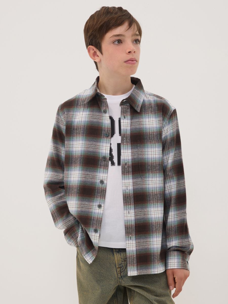 Camicia marrone a quadri in puro cotone_0