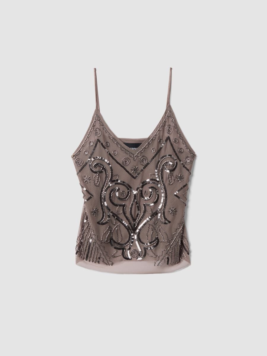 Beige fitted tank top with thin straps in stretch fabric_0