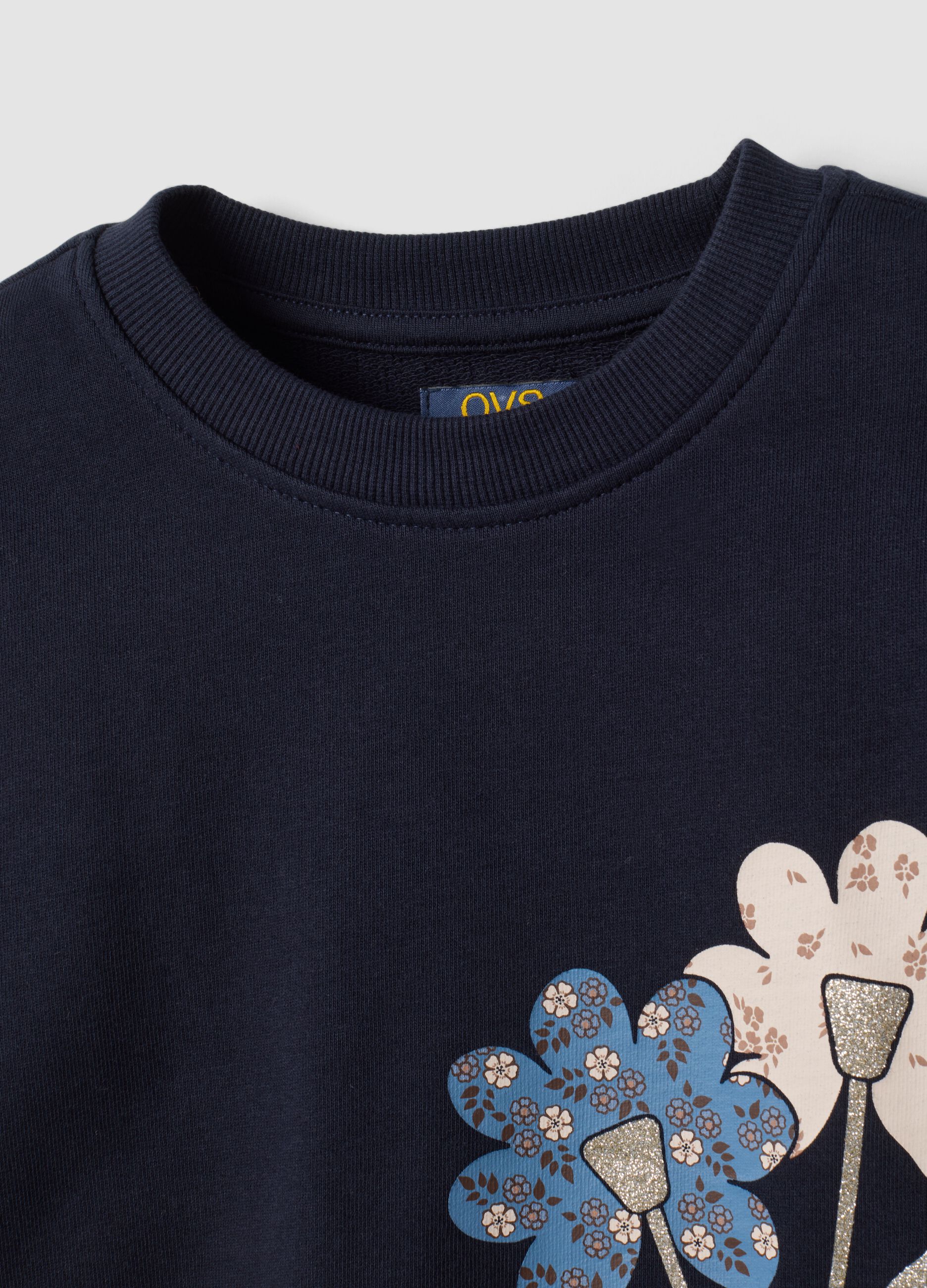 Blue pure cotton sweatshirt with crew neck and floral print
